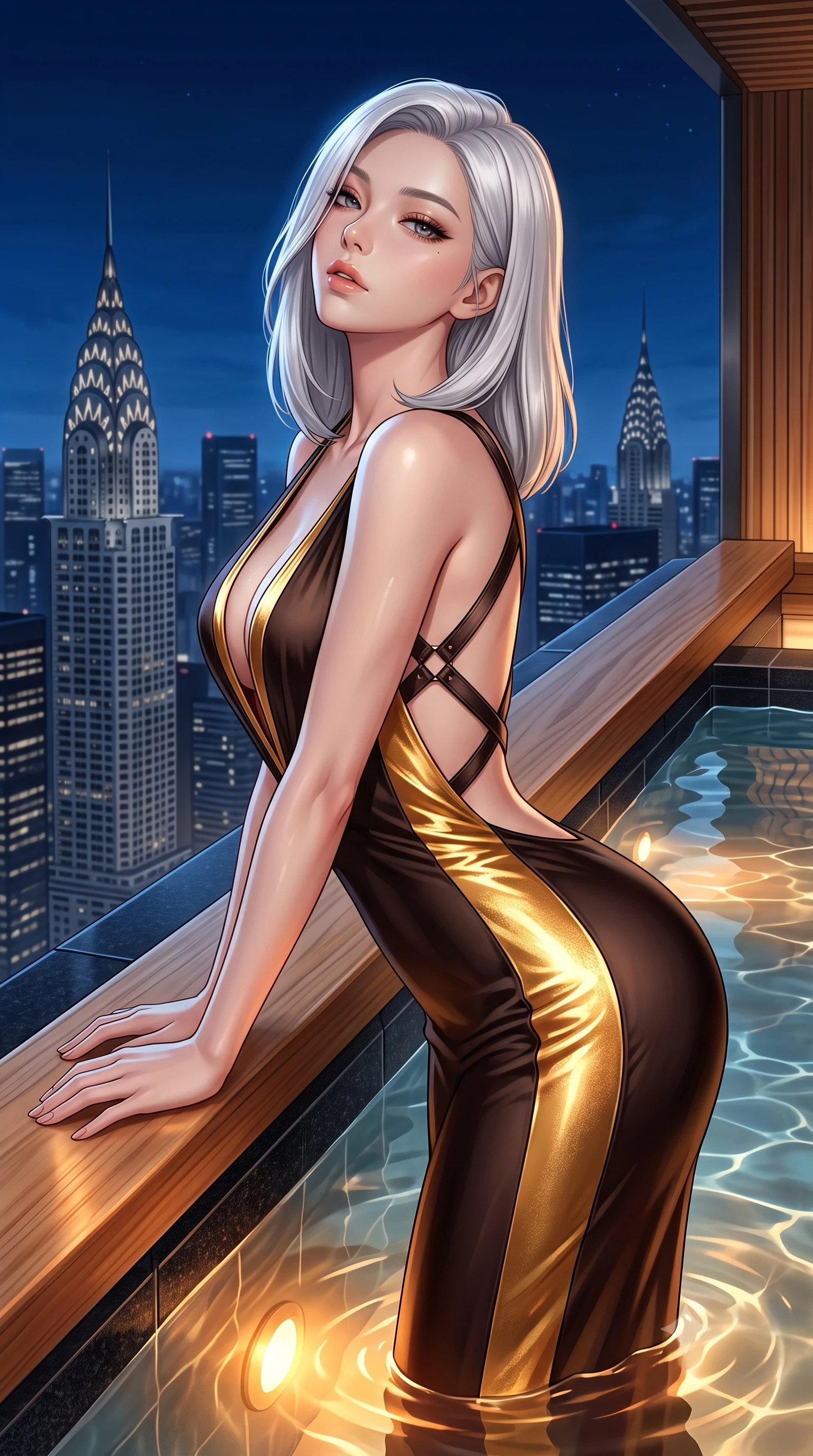 score_9, masterpiece, best quality, ultra-detailed, high-budget anime keyframe, semi-realistic 3D game render, editorial fashion photography, tasteful artistic composition, Korean woman. close-up cowboy shot from the waist and thighs up, the character dominates the composition, filling the frame with her large presence. leaning forward against the polished railing with her hips cocked back, creating an intoxicating curve from her narrow waist to sculpted hips as she gazes back into the lens while leaning back against the smooth cedarwood onsen rim, tilting her head back toward the night sky with parted glossy lips in luxurious tranquility. The surrounding environment is rendered in vivid detail and crisp panoramic clarity. sharp black granite waterline caustics, wet hinoki wood grain, and distant skyscraper lattice spires in deep focus. She has an exceptionally elegant, slender, and willowy female figure with an ultra-slim waist, flat toned midriff, narrow ribcage, and sculpted feminine hips creating an alluring, slim hourglass silhouette without bulk. sharp v-shaped jawline, high-bridge nose, intricate jewel-like eyes with depth, thick eyelashes, glossy parted lips with a natural sheen, intensely captivating and seductive bedroom-eyes expression, flawlessly proportioned anatomical accuracy, strict slender model proportions, natural body alignment, perfectly sculpted long slender limbs, ultra-slim waistline, clean dynamic posture without body distortion. wearing a plunging-V neckline duchess satin gown with high side slits ascending to the high hip in dark espresso brown and molten gold foil, tailored from liquid silk jersey adhering flawlessly to her slender build, featuring an open-back criss-cross harness strap in dark leather, the second-skin form-contouring cut accentuating her sculpted flat midriff, narrow delicate ribcage, and gracefully curvy hips with supermodel precision. bathed in warm submerged amber pool lights contrasting with cool midnight blue metropolitan skylight. highly saturated vibrant anime colors, detailed shading with soft gradients, rich glossy textures, high-contrast stereoscopic depth, volumetric dynamic lighting, master piece, 9:16 ratio