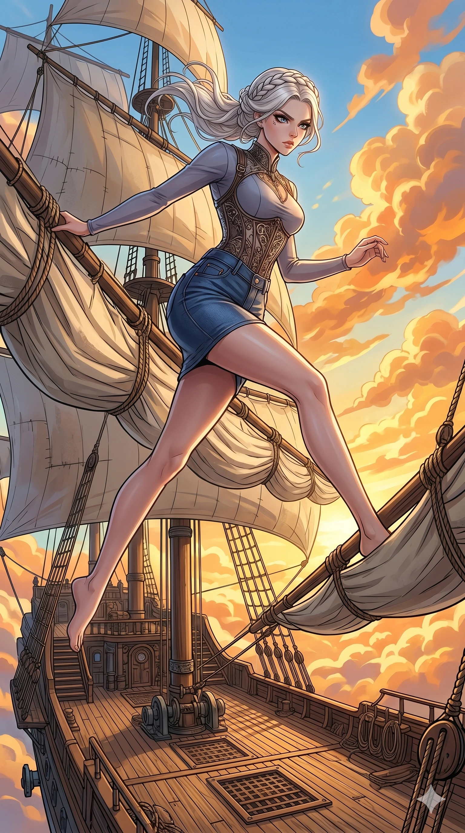 score_9, masterpiece, best quality, ultra-detailed, Set C: High-budget Anime Keyframe, Korean woman. Low angle cowboy shot filling the entire 9:16 frame with her statuesque presence. Leaping across the sails of a giant airship in the clouds. She has an absolutely perfect 8-heads proportion, an exceptionally tall and slender female figure with elegant long slender legs and an slender waist. Sharp v-shaped jawline, high-bridge nose, intricate jewel-like eyes with depth, thick eyelashes, glossy lips. Wearing an Urban Trendsetter outfit: elegant form-fitting dress with high-waist denim and ornate corset. Background is a bright and colorful sky with vibrant orange clouds and a wooden airship deck. 2k, ultra detail, master piece, 9:16 ratio
