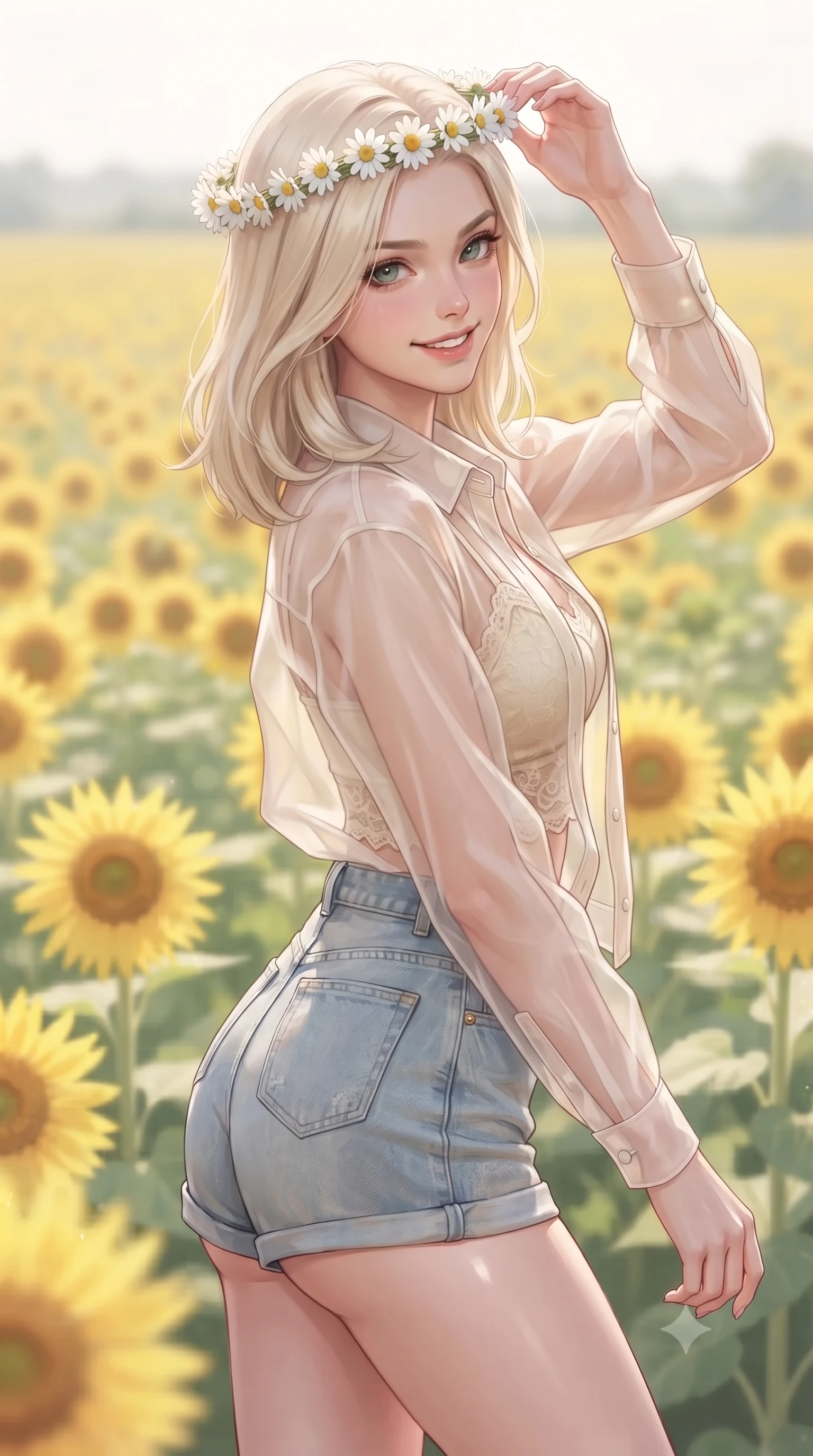 score_9, masterpiece, best quality, ultra-detailed, high-budget anime keyframe, editorial fashion photography, tasteful artistic composition, Caucasian woman. close-up cowboy shot from the waist and thighs up, the character dominates the composition, filling the frame with her large presence, background elements kept in soft focus. smiling with a playful and cute half-smile, glancing sidelong over her shoulder set against a soft-focus background of in the middle of a vast, sunny field filled with bright yellow sunflowers holding a delicate crown of daisies on her head, smiling cutely. She has an exceptionally elegant, slender, and willowy female figure with an ultra-slim waist, a gracefully sculpted slender torso, and a refined silhouette. sharp v-shaped jawline, high-bridge nose, intricate jewel-like eyes with depth, thick eyelashes, glossy lips with a natural sheen. wearing form-contouring sheer organza button-up shirt worn over a lace-accented crop top and high-waist mini shorts. soft diffused daylight creating a dreamy, pastel-colored country glow. ultra-reflective glossy finish, specular highlights, metallic sheen, high-contrast stereoscopic depth, volumetric dynamic lighting, 2k, ultra detail, master piece, 9:16 ratio