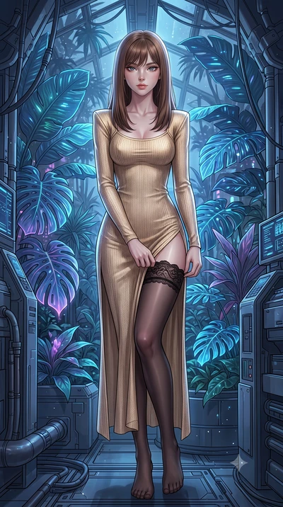 score_9, masterpiece, best quality, ultra-detailed, High-budget Anime Keyframe, East Asian woman. Dynamic full-body shot stretching the vertical silhouette to the limit. Scenario 400: adjusting her thigh-high stocking near a cybernetic greenhouse fil