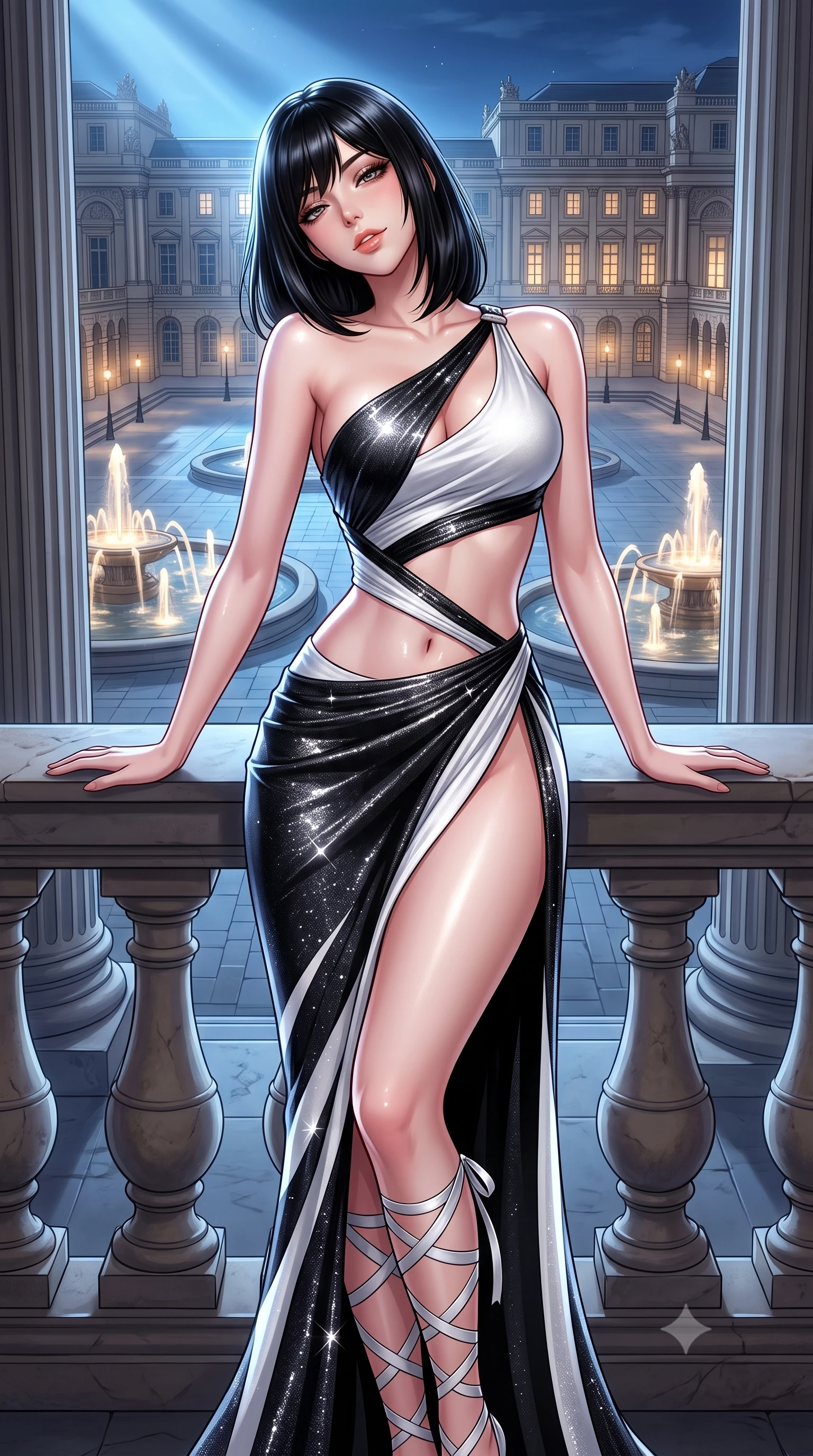 score_9, masterpiece, best quality, ultra-detailed, high-budget anime keyframe, semi-realistic 3D game render, editorial fashion photography, tasteful artistic composition, Caucasian woman. close-up cowboy shot from the waist and thighs up, the character dominates the composition, filling the frame with her large presence. leaning back against the balustrade with relaxed seductive grace, head tilted back slightly while casting a hypnotic, heavy-lidded gaze while standing between massive classical fluted columns overlooking the illuminated fountains, arching her spine with sovereign nighttime grace. The surrounding environment is rendered in vivid detail and crisp panoramic clarity: detailed satin ballet leotard cling, moonlight glints on skin, and classical French neoclassical architecture in high resolution. She has an exceptionally elegant, slender, and willowy female figure with an ultra-slim waist, flat toned midriff, narrow ribcage, and sculpted feminine hips creating an alluring, slim hourglass silhouette without bulk. sharp v-shaped jawline, high-bridge nose, sparkling eyes with hypnotic seductive depth, thick curled eyelashes, glossy parted lips with a natural dewy peach sheen, alluring bedroom-eyes with an enchanting coquettish smile, exuding magnetic siren charisma and sophisticated glamour, flawlessly proportioned anatomical accuracy, strict slender model proportions, natural body alignment, perfectly sculpted long slender limbs, ultra-slim waistline, clean dynamic posture without body distortion. wearing an asymmetric one-shoulder liquid jersey dancer gown with dramatic hip-high slit and waist cutout in high-contrast monochrome black and optic white, woven from stretch metallic lurex jersey casting radiant starlight glints across her silhouette, finished with delicate satin ballet ribbon ties criss-crossing up her slender calves to the knee, the high-slit wrap tailoring accentuating her ultra-slim waistline and the enchanting curve of her feminine hips with alluring seductive charm. bathed in cool celestial moonlight streaming across the palace plaza paired with warm fountain spotlight fill. highly saturated vibrant anime colors, detailed shading with soft gradients, rich glossy textures, high-contrast stereoscopic depth, volumetric dynamic lighting, master piece, 9:16 ratio