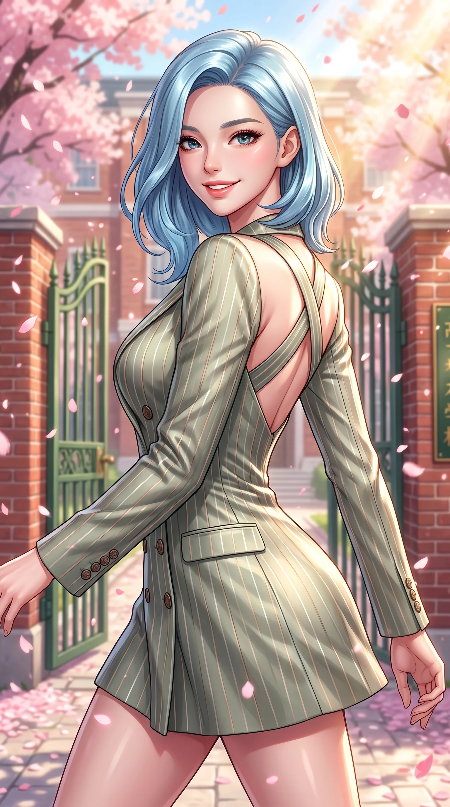 score_9, masterpiece, best quality, ultra-detailed, high-budget anime keyframe, editorial fashion photography, tasteful artistic composition, Korean woman. close-up cowboy shot from the waist and thighs up, the character dominates the composition, filling the frame with her large presence, background elements kept in soft focus. Gazing directly into the camera with a fresh, infectious smile as her torso curves dynamically in mid-stride while pivoting dynamically with a bright cute smile as pink sakura petals rain down like snow, classic red-brick school walls and green iron gates framing a sweet academy scene. She has an exceptionally elegant, slender, and willowy female figure with an ultra-slim waist, a gracefully sculpted slender torso, and a refined silhouette. sharp v-shaped jawline, high-bridge nose, intricate jewel-like eyes with depth, thick eyelashes, glossy lips with a natural sheen, flawlessly proportioned anatomical accuracy, natural body alignment, perfectly sculpted elegant limbs, clean dynamic posture without body distortion. wearing a double-breasted blazer dress with subtle metallic pin-stripes in sage green and oatmeal, crafted from lustrous satin jersey with fluid draping, complemented by criss-cross back straps highlighting her bare shoulders, the elegant draped fit framing her graceful clavicle and slender torso. bathed in bright morning sunbeams and warm golden sakura backlighting. highly saturated vibrant anime colors, detailed shading with soft gradients, rich glossy textures, high-contrast stereoscopic depth, volumetric dynamic lighting, master piece, 9:16 ratio