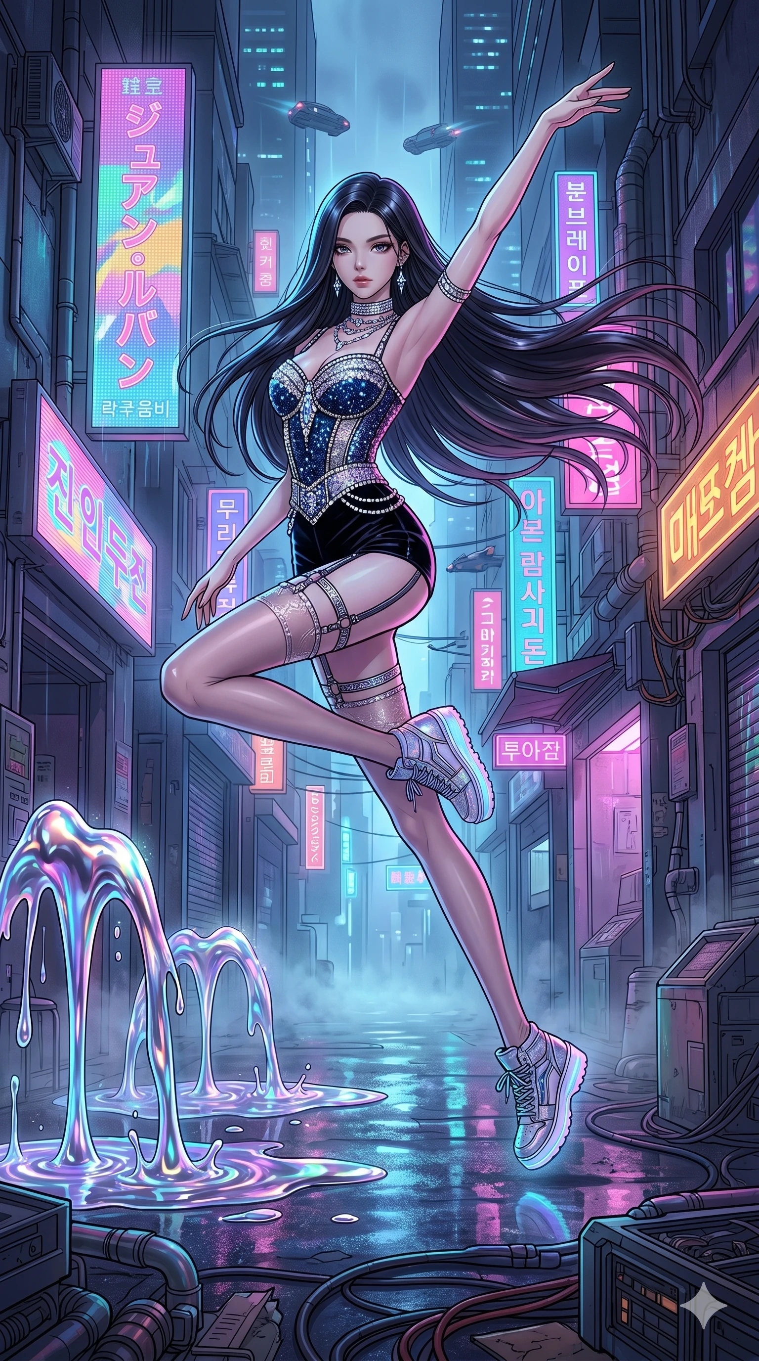 score_9, masterpiece, best quality, ultra-detailed, high-budget anime movie keyframe, cinematic anime lighting, intricate line art, Caucasian (strictly human ears) woman. Dynamic full-body shot stretching the vertical silhouette across the 9:16 frame. leaping gracefully in a neon-lit cyberpunk alleyway with liquid mercury fountains. She has an absolutely perfect 8-heads proportion, an exceptionally tall and slender female figure with an ultra-slim waist and impossibly long slender legs. sharp v-shaped jawline, high-bridge nose, intricate jewel-like eyes, thick eyelashes, glossy lips. Wearing luxurious K-pop idol stage outfit featuring a sparkling sequined corset, high-cut velvet shorts, and sheer silk stockings with garter belts, accessorized with crystal chokers. The scene is illuminated by dramatic atmospheric lighting and vibrant color palettes. , 2k, ultra detail, master piece, 9:16 ratio