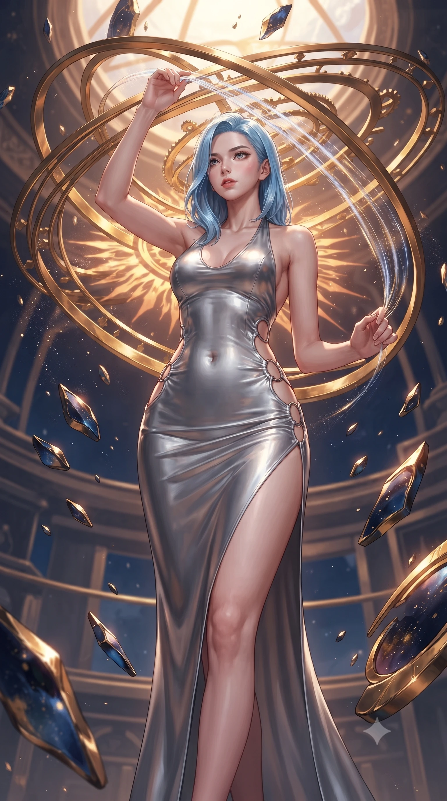 score_9, masterpiece, best quality, ultra-detailed, high-budget anime keyframe, editorial fashion photography, tasteful artistic composition, Korean woman. low angle full-body shot from head to toe showing her feet, filling the entire 9:16 vertical frame with her statuesque presence, stretching her vertical silhouette. interacting gracefully with the magical floating elements while maintaining a confident posture threading brilliant comet dust through a golden celestial loom, floating meteor shards reflecting deep navy and gold hues. She has an absolutely perfect, statuesque 8.5-heads proportion, an exceptionally tall and slender model-like female figure with impossibly long slender legs and an ultra-slim waist. sharp v-shaped jawline, high-bridge nose, intricate jewel-like eyes with depth, thick eyelashes, glossy lips with a natural sheen. wearing a deep-scoop halter neck bodycon dress with daring hip cutouts connected by silver rings, the sleek second-skin texture accentuating her magnetic presence. bathed in warm sunbursts filtering through floating orbital rings. ultra-reflective glossy finish, specular highlights, metallic sheen, high-contrast stereoscopic depth, volumetric dynamic lighting, 2k, ultra detail, master piece, 9:16 ratio