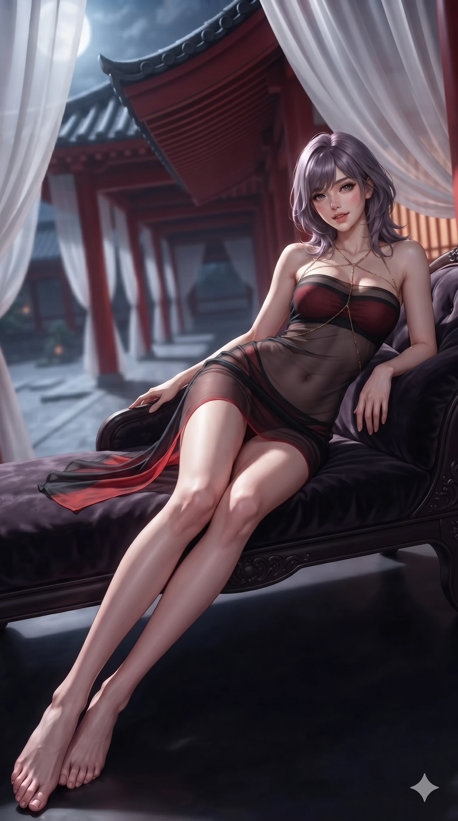 score_9, masterpiece, best quality, ultra-detailed, high-budget anime keyframe, editorial fashion photography, tasteful artistic composition, Japanese woman. low angle full-body shot from head to toe showing her feet, filling the entire 9:16 vertical frame with her statuesque presence, stretching her vertical silhouette. reclining gracefully across the plush chaise lounge with one leg extended, her sculpted silhouette and flat midriff radiating magnetic nocturnal glamour while twisting her slender torso in an alluring S-curve beside the curved roof eaves, moonlight tracing her narrow waist and rounded hips. The background shows a soft-focus endless perspective of red lacquer pillars, fluttering white silk gauze curtains, and moonlit courtyards blurred into vermilion, pure white, and slate bokeh. She has an absolutely perfect, statuesque 8.5-heads proportion, an exceptionally tall and slender model-like female figure with impossibly long slender legs, an ultra-slim waist, a flat toned midriff, narrow delicate ribcage, and beautifully sculpted feminine hips creating a graceful, slim hourglass silhouette without any bulky heaviness. sharp v-shaped jawline, high-bridge nose, sparkling eyes with hypnotic seductive depth, thick curled eyelashes, glossy parted lips with a natural dewy peach sheen, alluring bedroom-eyes with an enchanting coquettish smile, exuding magnetic siren charisma and sophisticated glamour, flawlessly proportioned anatomical accuracy, strict slender model proportions, natural body alignment, perfectly sculpted long slender limbs, ultra-slim waistline, clean dynamic posture without body distortion. wearing a delicately layered semi-sheer gossamer nobang hanbok slip dress revealing her sculpted silhouette over an opaque micro-bandeau and briefs in midnight obsidian black and rich cinnabar red, woven from fine semi-opaque stretch illusion mesh tracing every contour of her figure, accented with a gold body chain harness subtly framing her dewy collarbones and spine, the form-contouring silhouette accentuating her sculpted flat midriff, narrow delicate ribcage, and gracefully curvy hips with intoxicating allure. bathed in high-contrast full-moon light streaming horizontally between veranda pillars. ultra-reflective glossy finish, specular highlights, rich textural contrasts, high-contrast stereoscopic depth, volumetric dynamic lighting, 2k, ultra detail, master piece, 9:16 ratio