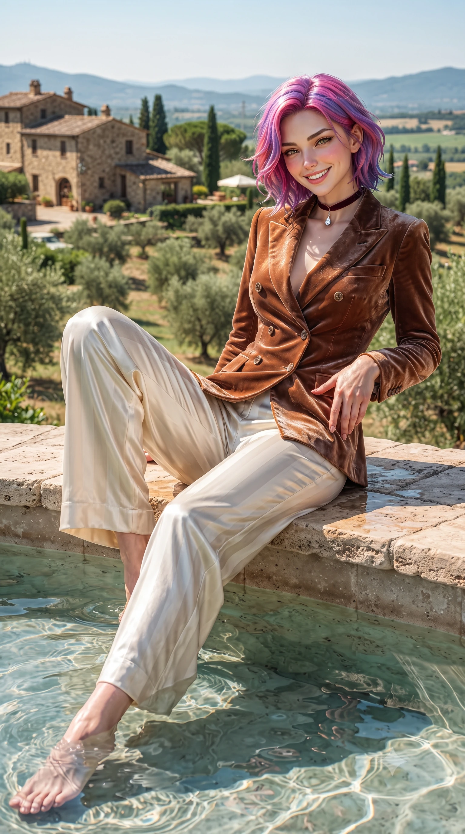 score_9, masterpiece, best quality, ultra-detailed, high-budget anime keyframe, editorial fashion photography, tasteful artistic composition, Caucasian woman. close-up cowboy shot from the waist and thighs up, the character dominates the composition, filling the frame with her large presence. tilting her head with a teasing half-smile, running one hand slowly down the side of her hip in a flirtatious S-curve as ambient light caresses her silhouette while lounging in the clear pool water propped on the travertine rim with legs extended, her statuesque 8.5-heads silhouette commanding the UNESCO countryside. The surrounding environment is rendered in vivid detail and crisp panoramic clarity: detailed garment lines, wet cling or tailored fit, and rustic Italian estate craft in razor-sharp precision. She has an exceptionally elegant, slender, and willowy female figure with an ultra-slim waist, flat toned midriff, narrow ribcage, and sculpted feminine hips creating an alluring, slim hourglass silhouette without bulk. sharp v-shaped jawline, high-bridge nose, intricate jewel-like sparkling eyes with depth, thick eyelashes, glossy parted lips with a natural peach sheen, bright cheerful beaming smile with an enchanting and coquettish sensual glint, exuding both youthful cute charm and seductive allure, flawlessly proportioned anatomical accuracy, strict slender model proportions, natural body alignment, perfectly sculpted long slender limbs, ultra-slim waistline, clean dynamic posture without body distortion. wearing a tailored Bohemian double-breasted velvet smoking jacket paired with wide-leg satin-stripe trousers in antique bronze copper and dewy ivory silk, tailored from ultra-plush silk velvet with rich tactile depth and deep shadow gradients, finished with a thin velvet ribbon choker and a single teardrop diamond pendant, the bespoke structured tailoring following the natural line of her 8.5-heads silhouette with refined elegance. illuminated by pool water specular bounce and sharp gold-cyan dual rim lights sculpting her jawline, narrow waist, and curvy hips. ultra-reflective glossy finish, specular highlights, rich textural contrasts, high-contrast stereoscopic depth, volumetric dynamic lighting, 2k, ultra detail, master piece, 9:16 ratio
