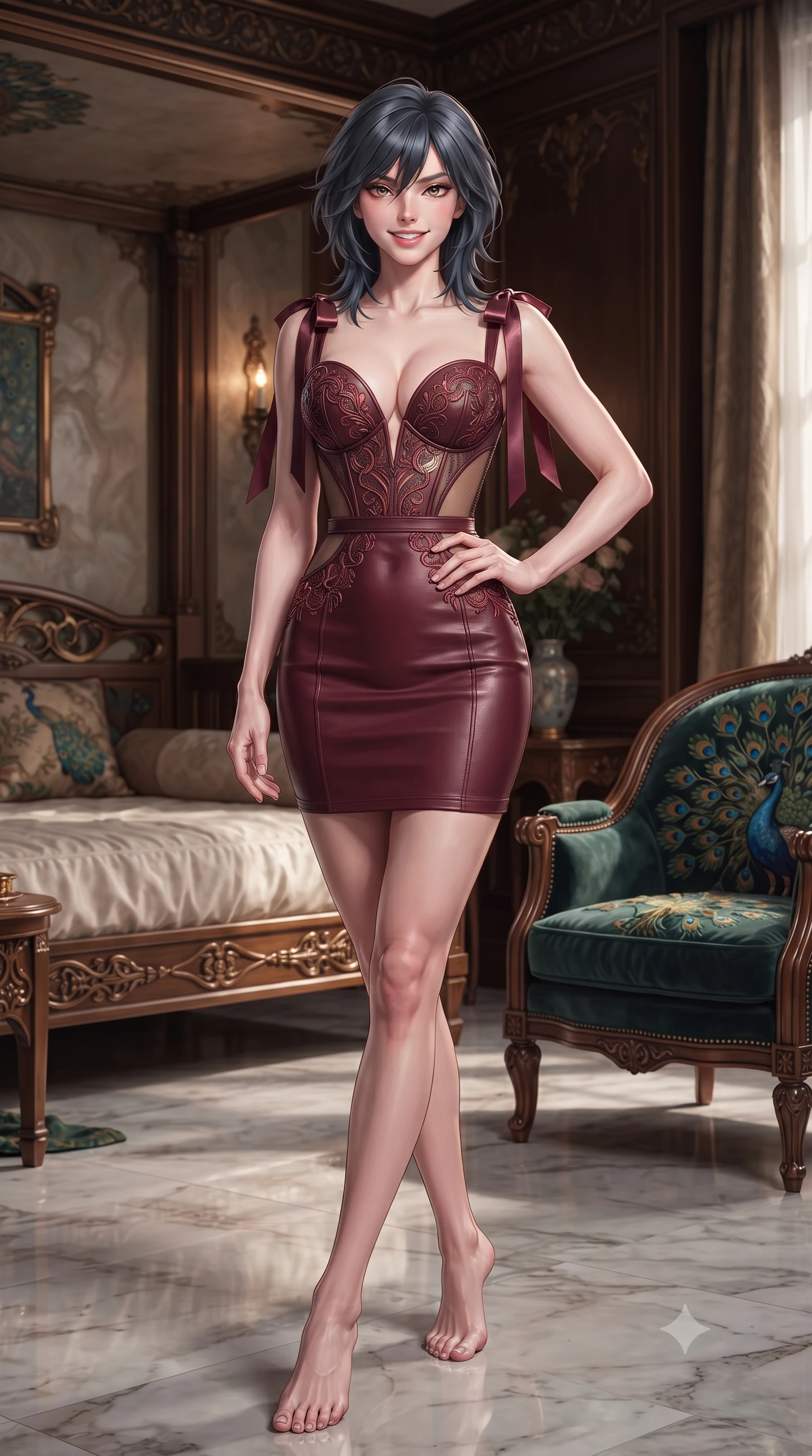 score_9, masterpiece, best quality, ultra-detailed, high-budget anime keyframe, editorial fashion photography, tasteful artistic composition, Caucasian woman. low angle full-body shot from head to toe showing her feet, filling the entire 9:16 vertical frame with her statuesque presence, stretching her vertical silhouette. lounging on the lavish daybed with legs crossed and hips angled toward the camera, displaying her toned midriff and long slender limbs with effortless siren poise while sitting gracefully on the peacock-embroidered velvet armchair with legs crossed, her statuesque 8.5-heads silhouette commanding the sanctuary. The surrounding environment is rendered in vivid detail and crisp panoramic clarity: detailed garment folds, intricate lace or tailored seams, and master Secessionist craft in razor-sharp precision. She has an exceptionally tall and slender model-like 8.5-heads proportion, an ultra-slim waist, a flat toned midriff, narrow delicate ribcage, and beautifully sculpted feminine hips creating a graceful, slim hourglass silhouette without any bulky heaviness, with impossibly long slender legs. sharp v-shaped jawline, high-bridge nose, intricate jewel-like sparkling eyes with depth, thick eyelashes, glossy parted lips with a natural peach sheen, bright cheerful beaming smile with an enchanting and coquettish sensual glint, exuding both youthful cute charm and seductive allure, flawlessly proportioned anatomical accuracy, strict slender model proportions, natural body alignment, perfectly sculpted long slender limbs, ultra-slim waistline, clean dynamic posture without body distortion. wearing an alluring plunging sweetheart bustier dress with sheer mesh side-waist cutouts contouring her ribs in Franschhoek vineyard pinotage burgundy and oak honey, woven from buttery-soft stretch lambskin leather adhering to her body like a second skin, finished with satin ribbon ties at the shoulders fluttering in the gentle breeze, the second-skin tailored fabric adhering flawlessly to her sculpted flat midriff and slender torso, emphasizing her long leg lines and perfectly proportioned willowy build. illuminated by marble floor reflection bounce and sharp rose-gold rim lights sculpting her jawline, narrow waist, and curvy hips. ultra-reflective glossy finish, specular highlights, rich textural contrasts, high-contrast stereoscopic depth, volumetric dynamic lighting, 2k, ultra detail, master piece, 9:16 ratio