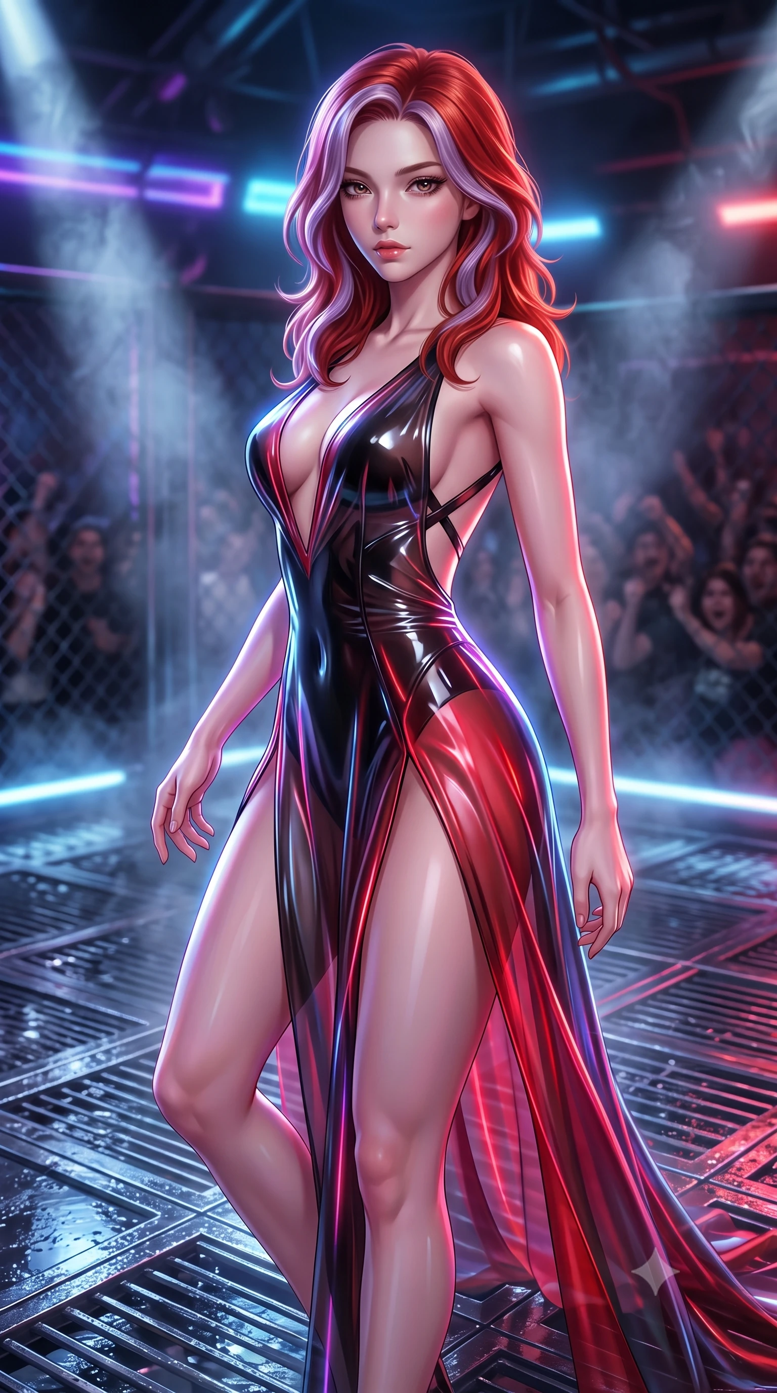 score_9, masterpiece, best quality, ultra-detailed, high-budget anime keyframe, semi-realistic 3D game render, editorial fashion photography, tasteful artistic composition, Caucasian woman. close-up cowboy shot from the waist and thighs up, the character dominates the composition, filling the frame with her large presence. gazing directly into the lens with bedroom eyes and a breathtaking, dangerous allure that commands the entire composition while pivoting dynamically on wet metal grating as pulsating neon arena floodlights trace her sculpted waist. The composition keeps background elements in soft focus with creamy bokeh. distant cage meshes and roaring underground crowds softened by shallow atmospheric focus. She has an exceptionally elegant, slender, and willowy female figure with an ultra-slim waist, a gracefully sculpted slender torso, and a refined silhouette. sharp v-shaped jawline, high-bridge nose, intricate jewel-like eyes with depth, thick eyelashes, glossy lips with a natural sheen, flawlessly proportioned anatomical accuracy, natural body alignment, perfectly sculpted elegant limbs, clean dynamic posture without body distortion. wearing a translucent iridescent chiffon gown with a plunging neckline, high dual thigh slits, and an open back in glossy obsidian black and radiant crimson red, tailored from semi-translucent cybernetic vinyl with glowing micro-filaments, complemented by criss-cross back straps highlighting her completely bare spine, the liquid-tight fabric adhering flawlessly to her sculpted torso and slender silhouette. illuminated by dense volumetric steam rays and high-contrast specular reflections on wet metal. highly saturated vibrant anime colors, detailed shading with soft gradients, rich glossy textures, high-contrast stereoscopic depth, volumetric dynamic lighting, master piece, 9:16 ratio
