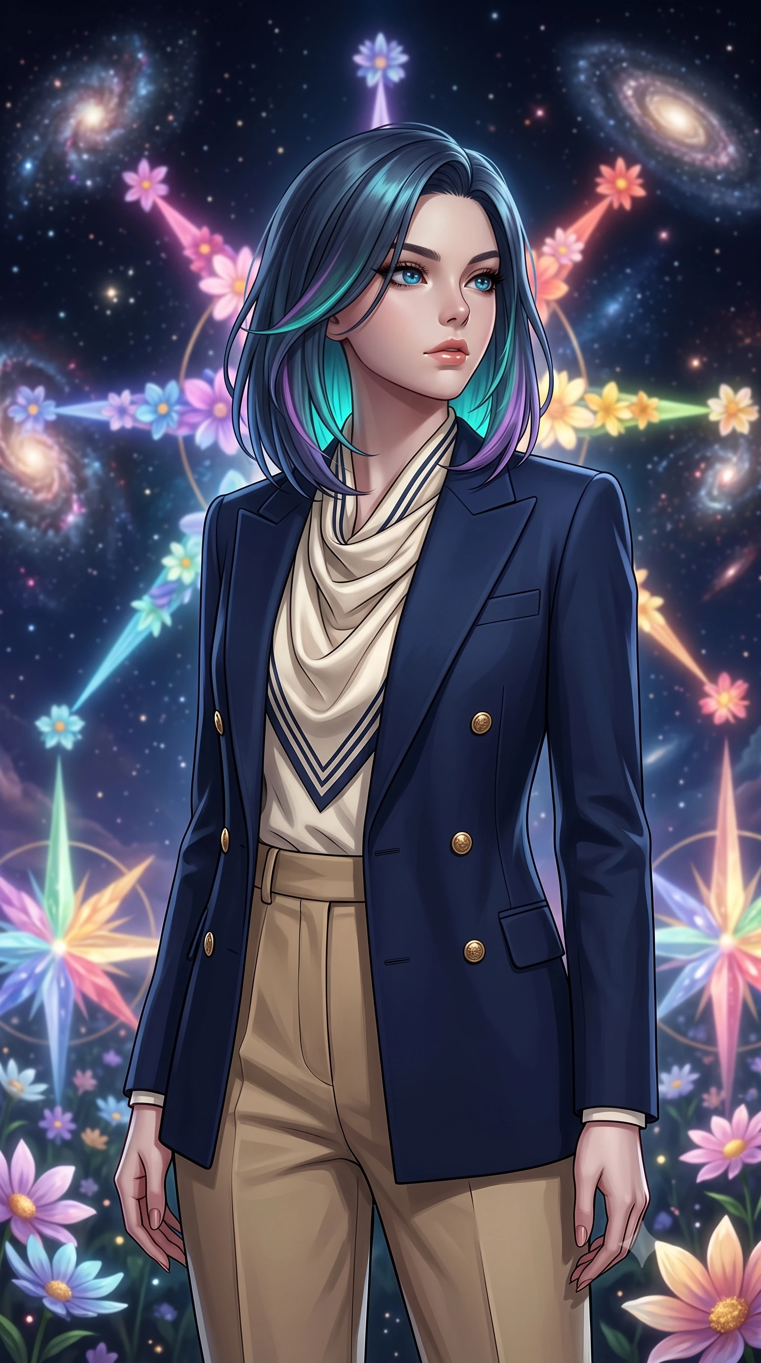 score_9, masterpiece, best quality, ultra-detailed, high-budget anime keyframe, editorial fashion photography, tasteful artistic composition, Caucasian woman, strictly human ears. close-up cowboy shot from the waist and thighs up, the character dominates the composition, filling the frame with her large presence, background elements kept in soft focus. Gazing past the camera with an air of effortless superiority. set against a soft-focus background of a cosmic garden where luminous flowers are arranged in enormous compass rose patterns each petal-arm pointing toward a different visible galaxy with stellar winds gently swaying the astral blooms. She has an exceptionally elegant and slender, willowy female figure with an ultra-slim waist, a gracefully sculpted slender torso, and a refined slim physique. sharp v-shaped jawline, high-bridge nose, intricate jewel-like eyes with depth, thick eyelashes, glossy lips with a natural sheen. wearing a tailored navy double-breasted blazer over a cream striped silk scarf top and high-waisted khaki slacks. each flower emits directional light in the color of the galaxy it points toward creating radiating beams of different colored light converging at the garden center. 2k, ultra detail, master piece, 9:16 ratio