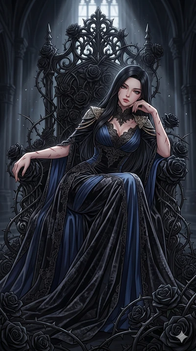 score_9, masterpiece, best quality, ultra-detailed, High-budget Anime Keyframe, East Asian woman. Dynamic full-body shot stretching the vertical silhouette to the limit. Scenario 140: Resting on a throne of black roses, thorns grazing her skin. Her p