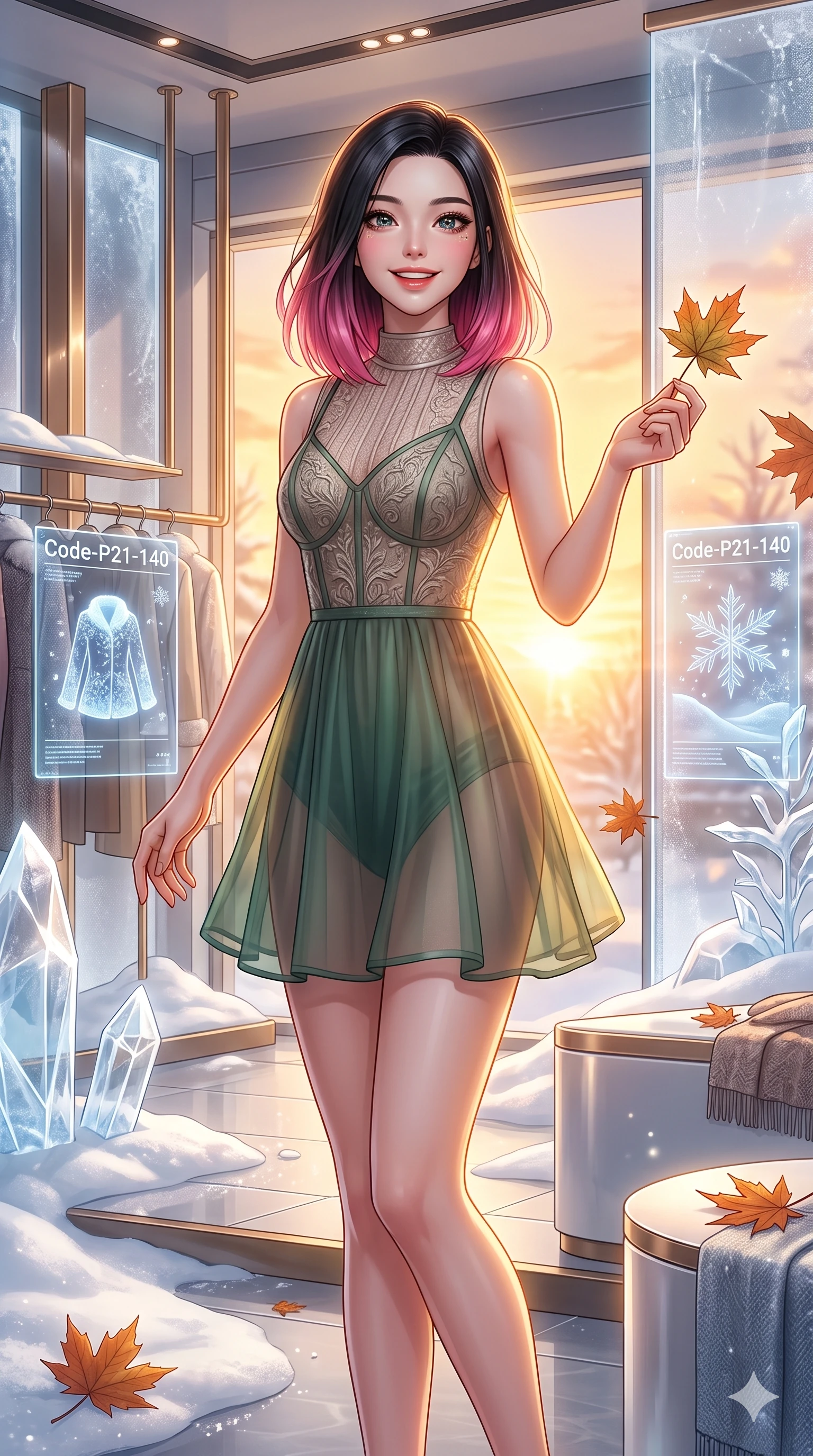 score_9, masterpiece, best quality, ultra-detailed, high-budget anime keyframe, vibrant anime aesthetic, Korean woman. cowboy shot from the thighs up, character and outfit filling the frame for maximum presence. She is tossing a maple leaf with a happy winter grin, her face glowing with delight inside a designer showroom with winter designs (Code-P21-140). She has an absolutely perfect 8-heads proportion, an exceptionally tall and slender female figure with impossibly long slender legs and an ultra-slim waist. V-shaped jawline, high-bridge nose, intricate jewel-like eyes with depth, thick eyelashes, glossy lips with a natural sheen. wearing a semi-opaque textured bodice over a translucent green slip dress in winter. She is glowing with warm winter sunset light radiating from the horizon, casting a golden aura. 2k, ultra detail, master piece, 9:16 ratio