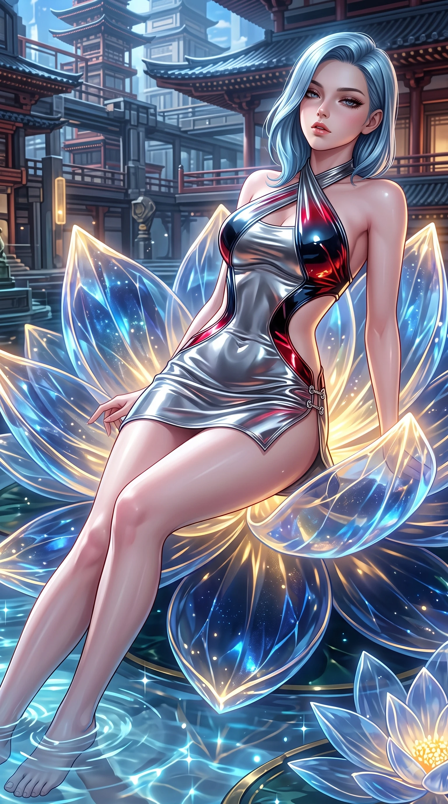 score_9, masterpiece, best quality, ultra-detailed, high-budget anime keyframe, semi-realistic 3D game render, editorial fashion photography, tasteful artistic composition, Korean woman. close-up cowboy shot from the waist and thighs up, the character dominates the composition, filling the frame with her large presence. casting a slow, smoldering gaze beneath heavy lashes with parted glossy lips, her head slightly tilted in captivating self-assurance while lounging seductively across a glowing lotus petal with her legs trailing into the clear tech-pond. The surrounding environment is rendered in vivid detail and crisp panoramic clarity. rich oriental cyber-temple aesthetics captured with environmental clarity. She has an exceptionally elegant, slender, and willowy female figure with an ultra-slim waist, a gracefully sculpted slender torso, and a refined silhouette. sharp v-shaped jawline, high-bridge nose, intricate jewel-like eyes with depth, thick eyelashes, glossy lips with a natural sheen, flawlessly proportioned anatomical accuracy, natural body alignment, perfectly sculpted elegant limbs, clean dynamic posture without body distortion. wearing a molten silver liquid-metal mini dress featuring deep side-waist cutouts and a daring crossover halter neckline in glossy obsidian black and radiant crimson red, formed from high-gloss patent material with specular light reflections, finished with an ultra-high side slit secured by miniature magnetic clasps, the daring cutouts accentuating her delicate midriff, graceful collarbones, and feminine contour. bathed in pure crystal petal illumination and sparkling aquatic refractions. highly saturated vibrant anime colors, detailed shading with soft gradients, rich glossy textures, high-contrast stereoscopic depth, volumetric dynamic lighting, master piece, 9:16 ratio