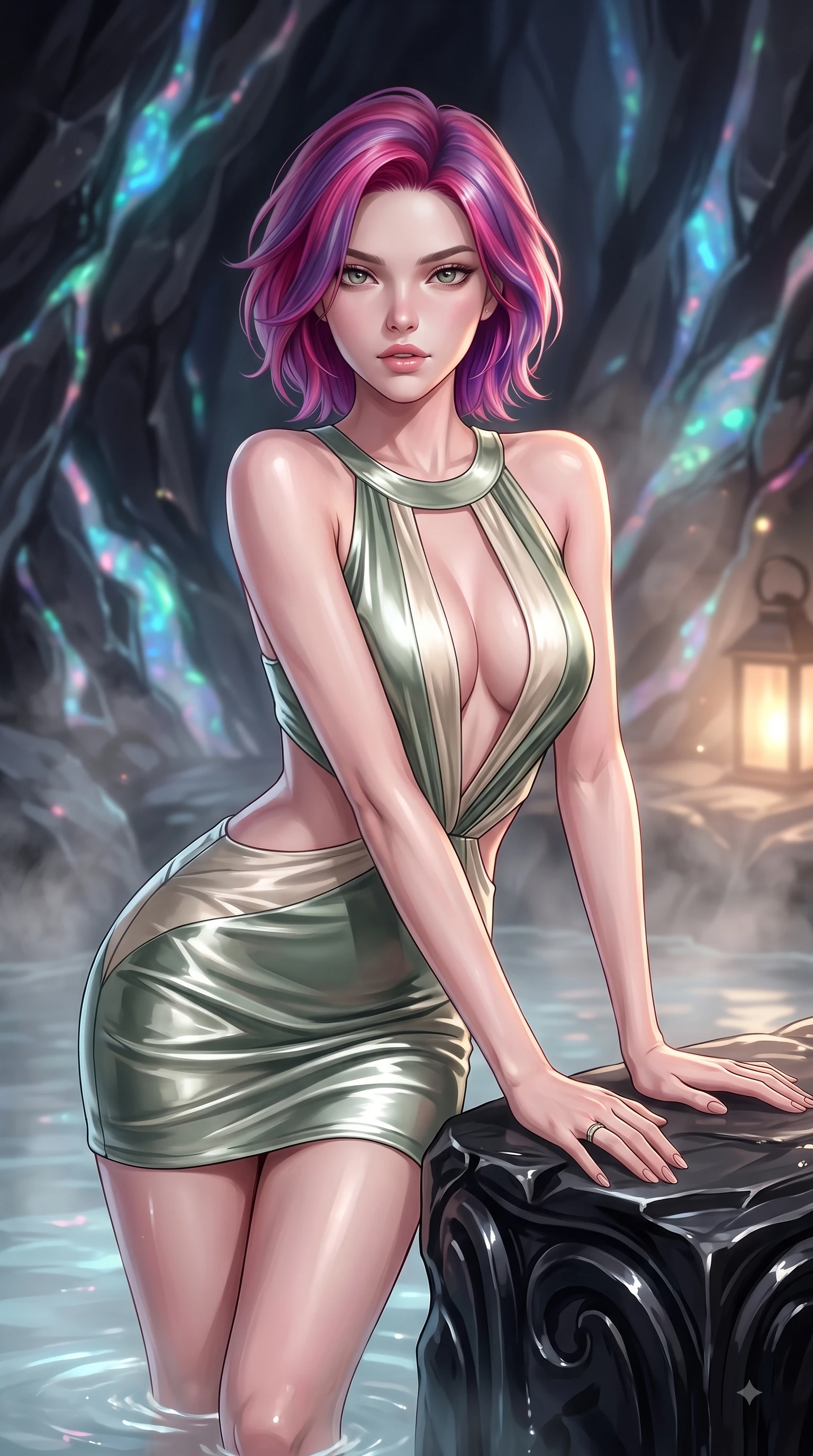 score_9, masterpiece, best quality, ultra-detailed, high-budget anime keyframe, editorial fashion photography, tasteful artistic composition, Caucasian woman. close-up cowboy shot from the waist and thighs up, the character dominates the composition, filling the frame with her large presence, background elements kept in soft focus. Leaning forward gracefully with lips parted, casting a smoldering magnetic gaze directly into the lens while resting gracefully against a carved obsidian basalt rock edge in a private thermal hot spring, bioluminescent opal veins pulsing softly in the subterranean obsidian walls. She has an exceptionally elegant, slender, and willowy female figure with an ultra-slim waist, a gracefully sculpted slender torso, and a refined silhouette. sharp v-shaped jawline, high-bridge nose, intricate jewel-like eyes with depth, thick eyelashes, glossy lips with a natural sheen, flawlessly proportioned anatomical accuracy, natural body alignment, perfectly sculpted elegant limbs, clean dynamic posture without body distortion. wearing a liquid mercury gloss mini dress with ultra-deep V-neck and waist cutouts in sage green and oatmeal, crafted from lustrous satin jersey with fluid draping, accented with a Tasteful chest slit framing her clavicle gracefully, the sleek second-skin texture accentuating her magnetic presence. bathed in soft warm lantern light filtered through gentle thermal steam. ultra-reflective glossy finish, specular highlights, metallic sheen, high-contrast stereoscopic depth, volumetric dynamic lighting, 2k, ultra detail, master piece, 9:16 ratio