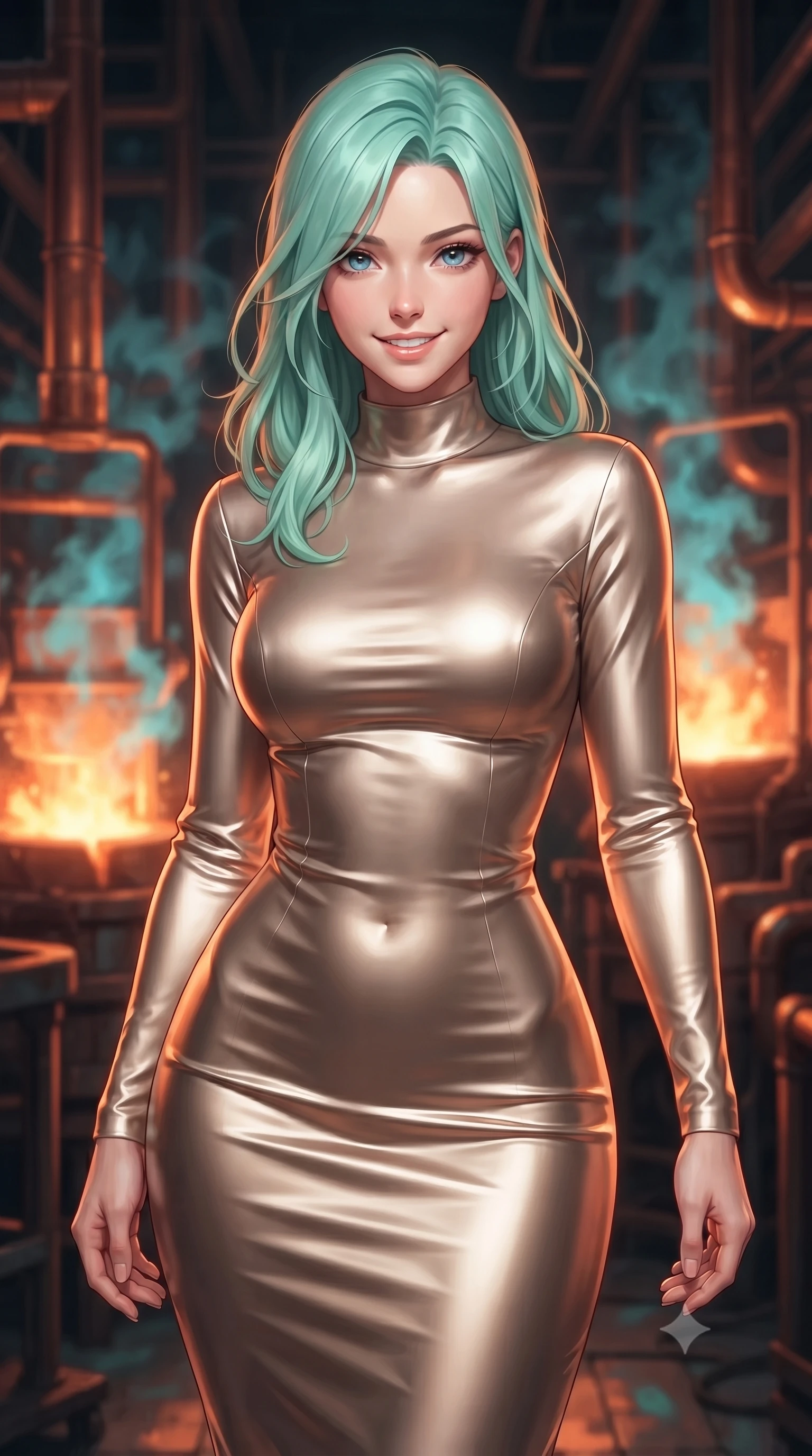score_9, masterpiece, best quality, ultra-detailed, high-budget anime keyframe, editorial fashion photography, tasteful artistic composition, Japanese woman woman. close-up cowboy shot from the waist and thighs up, the character dominates the composition, filling the frame with her large presence, background elements kept in soft focus. She has an exceptionally elegant, slender, and willowy female figure with an ultra-slim waist, a gracefully sculpted slender torso, and a refined silhouette. smiling with quiet, magnetic self-assurance directly into the camera lens, flawlessly proportioned anatomical accuracy, natural body alignment, perfectly sculpted elegant limbs, clean dynamic posture without body distortion. set against a soft-focus background of a copper pipe industrial foundry with liquid aurora crucibles. wearing a sculpted champagne satin bodycon gown following her slender silhouette like liquid metal. bathed in intense orange furnace light clashing with cool cyan steam highlights. ultra-reflective glossy finish, specular highlights, metallic sheen, high-contrast stereoscopic depth, volumetric dynamic lighting, 2k, ultra detail, master piece, 9:16 ratio