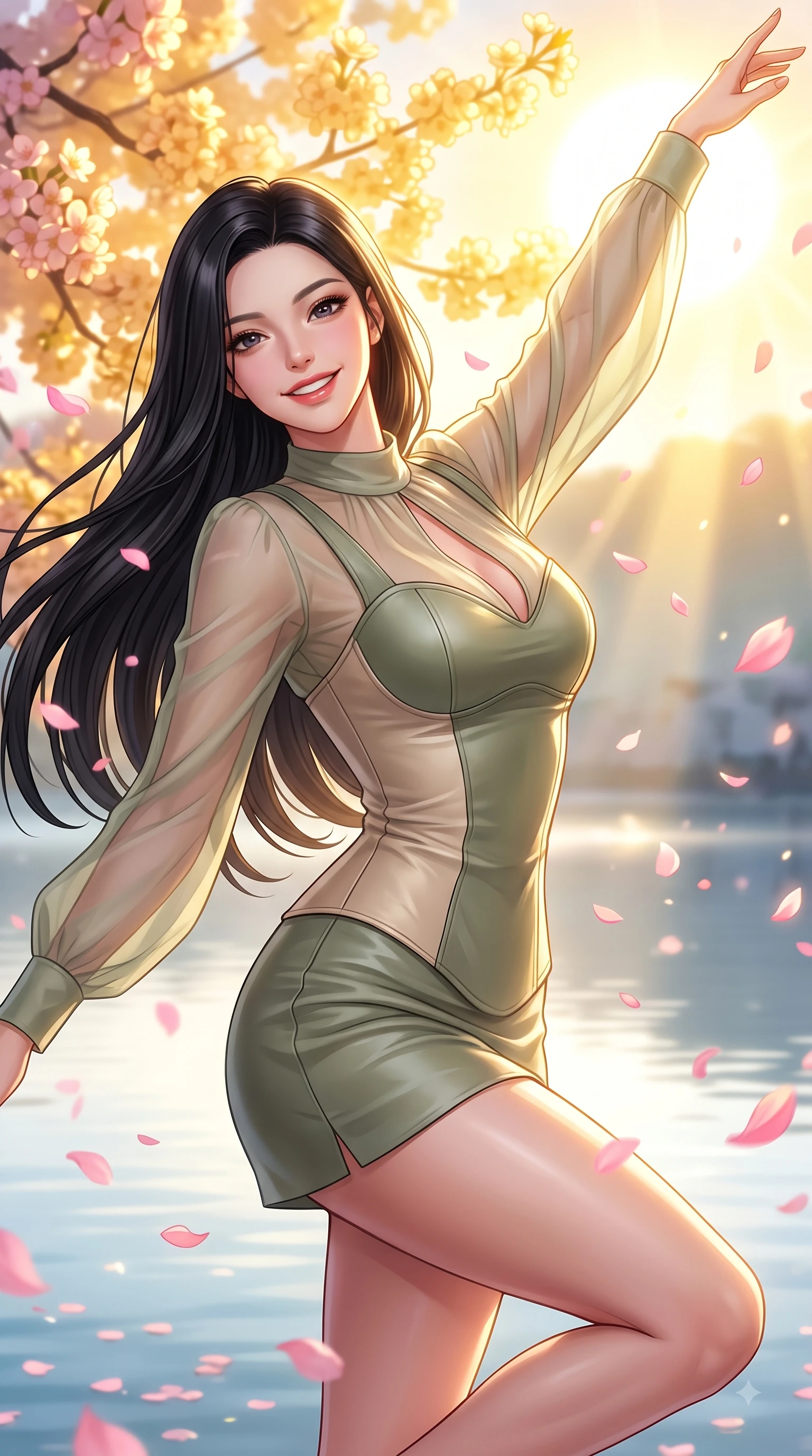 score_9, masterpiece, best quality, ultra-detailed, high-budget anime keyframe, editorial fashion photography, tasteful artistic composition, Korean woman. close-up cowboy shot from the waist and thighs up, the character dominates the composition, filling the frame with her large presence, background elements kept in soft focus. Extending one arm in an elegant stretch toward the sun while smiling with vibrant, magnetic self-assurance while spinning in mid-air over a serene mirror lake as pink petals rain softly around her, floating pink petals drifting around her in dynamic, cheerful wind currents. She has an exceptionally elegant, slender, and willowy female figure with an ultra-slim waist, a gracefully sculpted slender torso, and a refined silhouette. sharp v-shaped jawline, high-bridge nose, intricate jewel-like eyes with depth, thick eyelashes, glossy lips with a natural sheen, flawlessly proportioned anatomical accuracy, natural body alignment, perfectly sculpted elegant limbs, clean dynamic posture without body distortion. wearing a tailored leather bustier over a sheer silk chiffon blouse in sage green and oatmeal, woven from fine semi-opaque sheer organza, accented with a Tasteful chest slit framing her clavicle gracefully, the glove-like fit emphasizing her statuesque silhouette during motion. bathed in bright morning sunbeams and warm golden sakura backlighting. highly saturated vibrant anime colors, detailed shading with soft gradients, rich glossy textures, high-contrast stereoscopic depth, volumetric dynamic lighting, master piece, 9:16 ratio