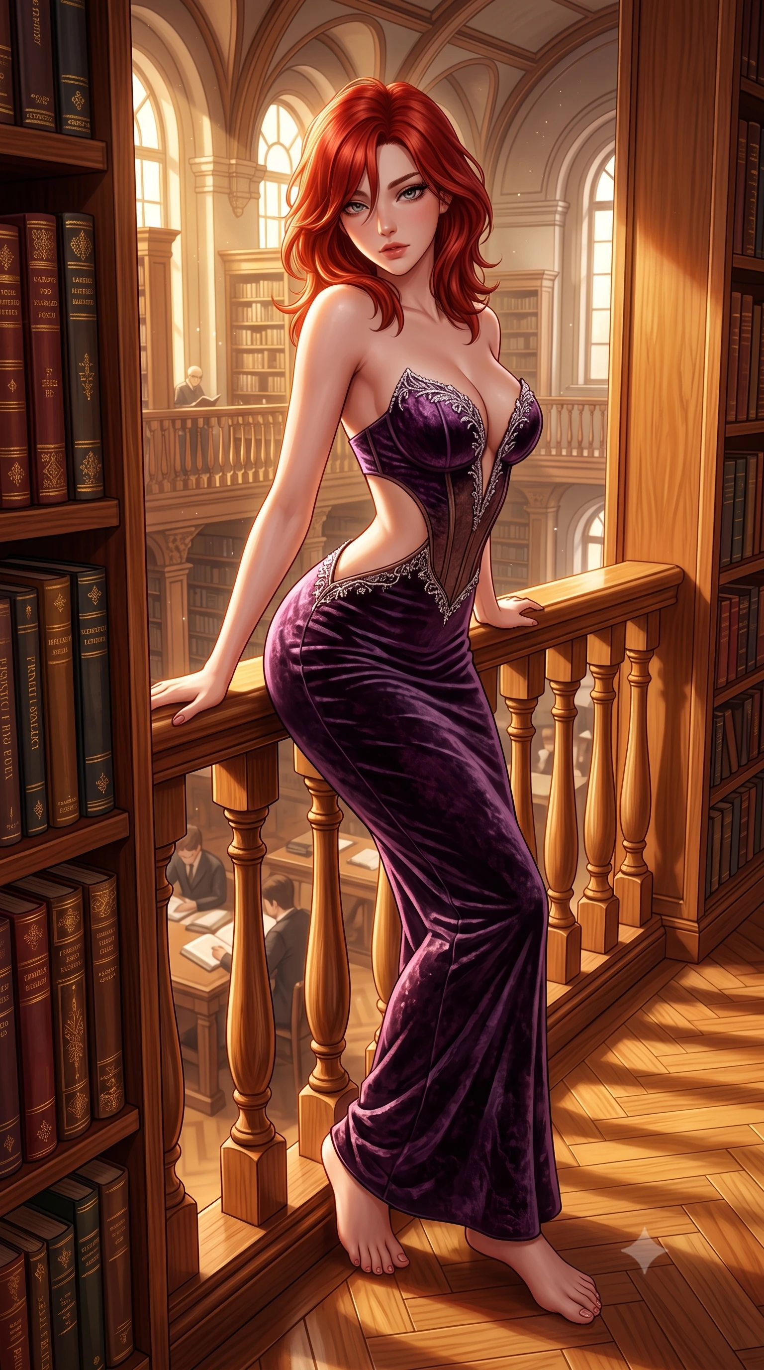 score_9, masterpiece, best quality, ultra-detailed, high-budget anime keyframe, semi-realistic 3D game render, editorial fashion photography, tasteful artistic composition, Korean woman. close-up cowboy shot from the waist and thighs up, the character dominates the composition, filling the frame with her large presence. leaning forward against the polished railing with her hips cocked back, creating an intoxicating curve from her narrow waist to sculpted hips as she gazes back into the lens while standing poised between towering mahogany book stacks, twisting her upper body in an alluring S-curve as dust motes dance in golden sunbeams. The surrounding environment is rendered in vivid detail and crisp panoramic clarity. sharp gold-leaf book spine typography, carved oak banister grain, and polished parquet flooring in deep focus. She has an exceptionally elegant, slender, and willowy female figure with an ultra-slim waist, flat toned midriff, narrow ribcage, and sculpted feminine hips creating an alluring, slim hourglass silhouette without bulk. sharp v-shaped jawline, high-bridge nose, intricate jewel-like eyes with depth, thick eyelashes, glossy parted lips with a natural sheen, intensely captivating and seductive bedroom-eyes expression, flawlessly proportioned anatomical accuracy, strict slender model proportions, natural body alignment, perfectly sculpted long slender limbs, ultra-slim waistline, clean dynamic posture without body distortion. wearing a deep sweetheart neckline crushed velvet corseted ballgown with an exposed midriff cutout in deep plum violet and antique bronze, tailored from water-resistant treated wool gabardine and flexible stretch silk, finished with delicate crystal frost embroidery tracing the plunging neckline, the glove-like aerodynamic silhouette tightly following the natural contour of her hips and long slender legs with statuesque 8.5-heads elegance. bathed in warm incandescent reading lamp glow and dramatic shafts of daylight from arched windows. highly saturated vibrant anime colors, detailed shading with soft gradients, rich glossy textures, high-contrast stereoscopic depth, volumetric dynamic lighting, master piece, 9:16 ratio