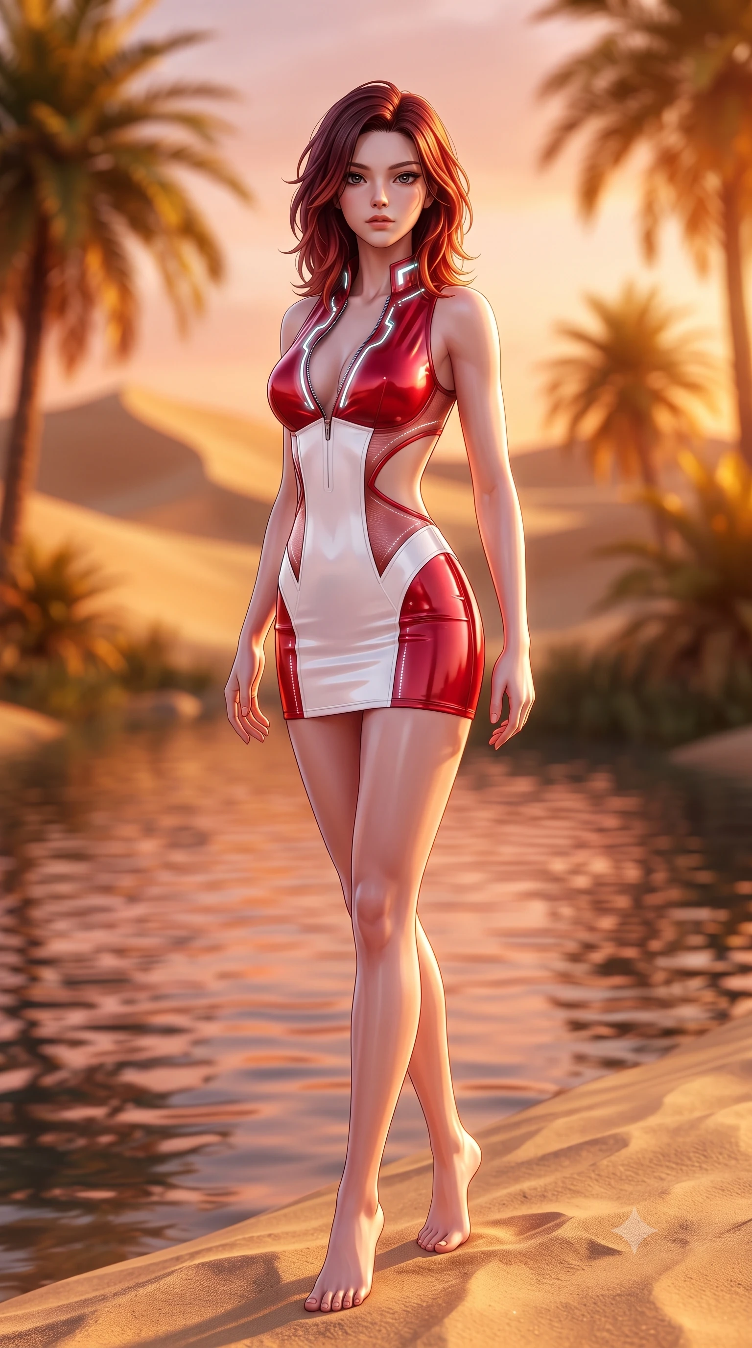 score_9, masterpiece, best quality, ultra-detailed, high-budget anime keyframe, semi-realistic 3D game render, editorial fashion photography, tasteful artistic composition, Korean woman. low angle full-body shot from head to toe showing her feet, filling the entire 9:16 vertical frame with her statuesque presence, stretching her vertical silhouette. pivoting dynamically in mid-motion with a breathtakingly alluring posture, displaying her flawless model proportions and ultra-slim waist while standing with sovereign poise on a wind-swept sand ridge as crimson sunset light paints the rippling oasis water. The composition keeps background elements in soft focus with creamy bokeh. golden sand dunes and glowing oasis palms blurred into rich amber and peach sunset bokeh. She has an absolutely perfect, statuesque 8.5-heads proportion, an exceptionally tall and slender model-like female figure with impossibly long slender legs, a toned flat midriff, and an ultra-slim waist. sharp v-shaped jawline, high-bridge nose, intricate jewel-like eyes with depth, thick eyelashes, glossy lips with a natural sheen, flawlessly proportioned anatomical accuracy, strict slender model proportions, natural body alignment, perfectly sculpted long slender limbs, ultra-slim waistline, clean dynamic posture without body distortion. wearing a second-skin fashion-latex mini dress with a clean architectural front, featuring an open-back design that wraps around the sides of her waist, showcasing her slender silhouette in radiant crimson silk and crisp snow white, tailored from semi-translucent cybernetic vinyl with glowing micro-filaments, featuring a dangerously unzipped neckline framed by glowing cybernetic accents, the precision-cut daring openings accentuating her delicate midriff, graceful bare collarbones, and ultra-slim feminine waistline. surrounded by an exotic, romantic, and intensely magnetic royal oasis luxury aura. highly saturated vibrant anime colors, detailed shading with soft gradients, rich glossy textures, high-contrast stereoscopic depth, volumetric dynamic lighting, master piece, 9:16 ratio