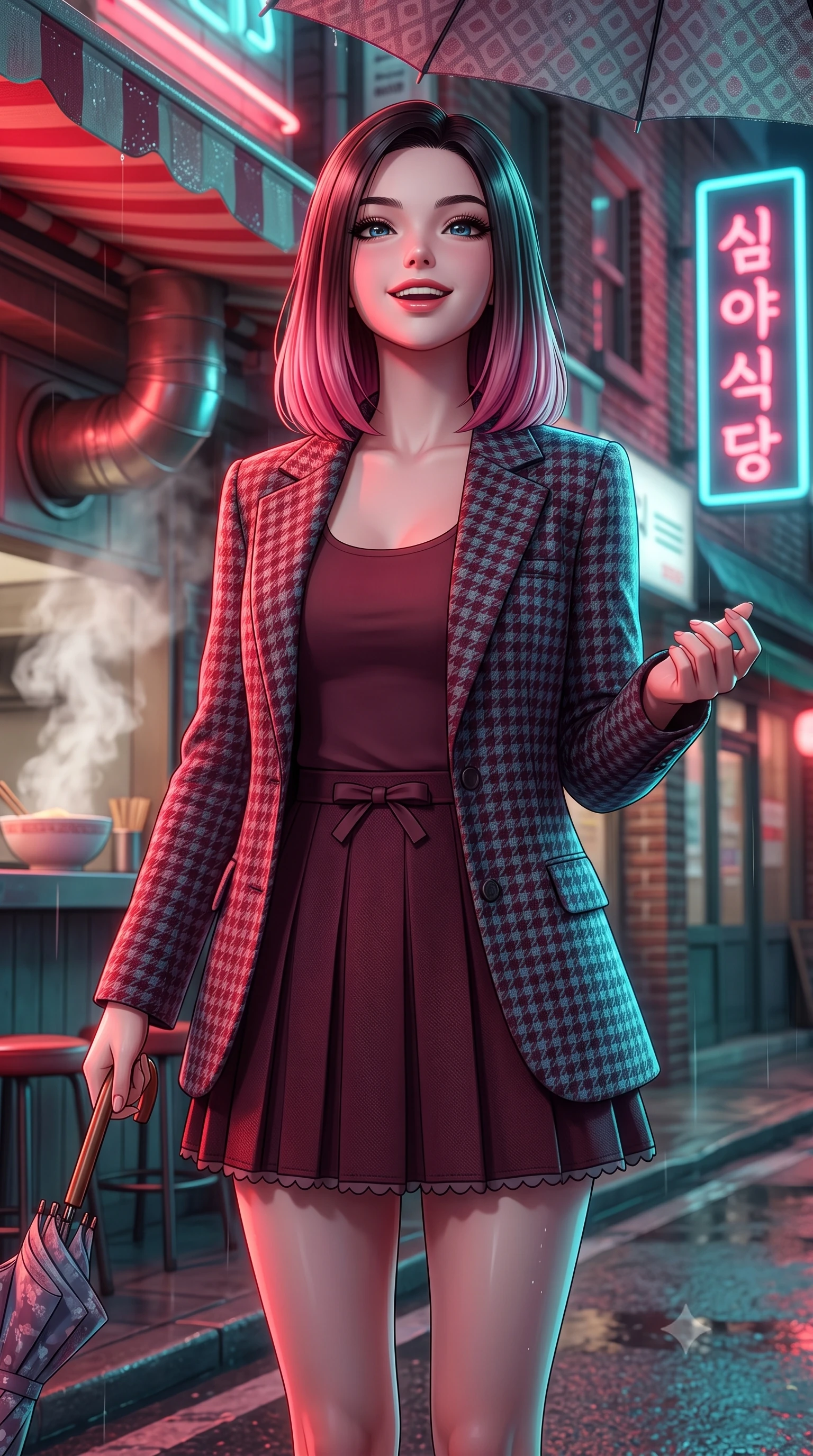 score_9, masterpiece, best quality, ultra-detailed, high-budget anime keyframe, semi-realistic 3D game render, editorial fashion photography, tasteful artistic composition, Korean woman. close-up cowboy shot from the waist and thighs up, the character dominates the composition, filling the frame with her large presence. tilting her chin up with proud, sovereign confidence while gazing directly into the lens with thick, dark eyelashes while standing under the neon diner awning shaking raindrops from her umbrella with a sweet, radiant laugh. The composition keeps background elements in soft focus with creamy bokeh. steaming ramen shop vents and classic brick storefronts softened in romantic 35mm shallow focus. She has an exceptionally elegant, slender, and willowy female figure with an ultra-slim waist, a gracefully sculpted slender torso, toned flat midriff, and a refined slim silhouette. sharp v-shaped jawline, high-bridge nose, intricate jewel-like eyes with depth, thick eyelashes, glossy lips with a natural sheen, captivating and magnetic expression, flawlessly proportioned anatomical accuracy, strict slender model proportions, natural body alignment, perfectly sculpted long slender limbs, ultra-slim waistline, clean dynamic posture without body distortion. wearing a tailored 90s houndstooth oversized blazer over a simple scoop-neck top and a high-waisted pleated wool mini-skirt in rich wine burgundy and faded vintage blue, tailored from fine British wool tweed and comfortable stretch cotton, finished with a dainty waist ribbon bow and scalloped hemline trims, the form-contouring material adhering flawlessly to her sculpted flat midriff and slender torso, emphasizing her long leg lines and perfectly proportioned willowy build. bathed in rich neon red and cyan streetlamp glow bouncing off wet asphalt surfaces. highly saturated vibrant anime colors, detailed shading with soft gradients, rich glossy textures, high-contrast stereoscopic depth, volumetric dynamic lighting, master piece, 9:16 ratio