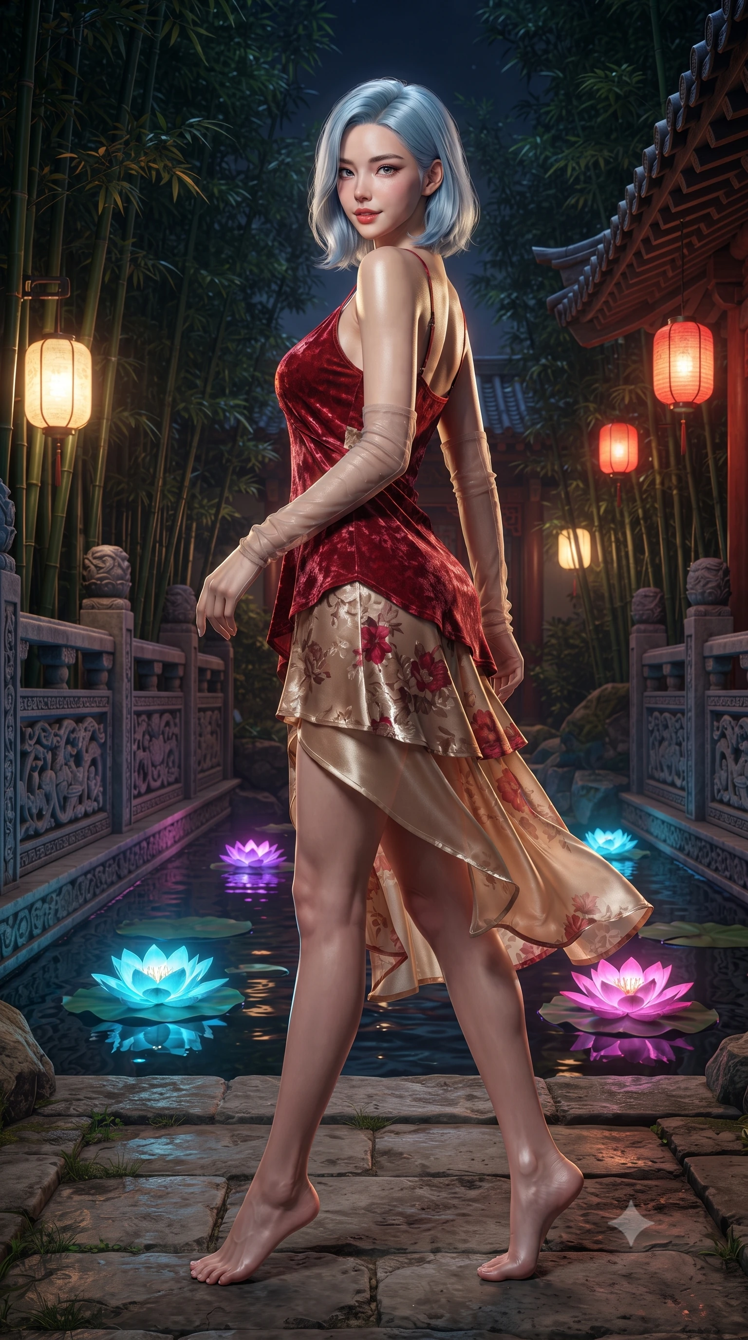 score_9, masterpiece, best quality, ultra-detailed, high-budget anime keyframe, editorial fashion photography, tasteful artistic composition, Korean woman. low angle full-body shot from head to toe showing her feet, filling the entire 9:16 vertical frame with her statuesque presence, stretching her vertical silhouette. walking slowly through the bamboo pathway, looking back over her shoulder with an air of effortless oriental grace and an alluring, smoldering smile while twisting her slender torso in an alluring S-curve, glowing neon water lilies and traditional lanterns casting colorful reflections across her hips. The surrounding environment is rendered in vivid detail and crisp panoramic clarity: sharp carved stone balustrade relief, upturned roof ceramic tile edges, and water ripple clarity in deep focus. She has an absolutely perfect, statuesque 8.5-heads proportion, an exceptionally tall and slender model-like female figure with impossibly long slender legs, an ultra-slim waist, a flat toned midriff, narrow delicate ribcage, and beautifully sculpted feminine hips creating a graceful, slim hourglass silhouette without any bulky heaviness. sharp v-shaped jawline, high-bridge nose, intricate jewel-like dark sparkling almond eyes with depth, thick lashes, glossy parted lips with a natural rose-plum sheen, bright alluring and coquettish smile with bedroom-eyes, exuding both timeless oriental elegance and sovereign high-fashion allure, flawlessly proportioned anatomical accuracy, strict slender model proportions, natural body alignment, perfectly sculpted long slender limbs, ultra-slim waistline, clean dynamic posture without body distortion. wearing a delicate semi-sheer floral chiffon kaftan slip dress layered over a matching silk slip, accentuating her slender waist and hips in royal crimson red and lustrous champagne gold, crafted from sumptuous crushed winter velvet with deep light-absorbing plushness, complemented by delicate sheer silk fingerless gloves reaching past her elbows, the liquid-tight tailored silk fabric clinging flawlessly to her narrow waist and rounded feminine hips, emphasizing every millimeter of her sculpted slim hourglass curves without any bulky heaviness. illuminated by pavilion floor light panels and sharp gold rim lights defining her razor-sharp jawline, narrow waist, and curvy hips. ultra-reflective glossy finish, specular highlights, rich textural contrasts, high-contrast stereoscopic depth, volumetric dynamic lighting, 2k, ultra detail, master piece, 9:16 ratio