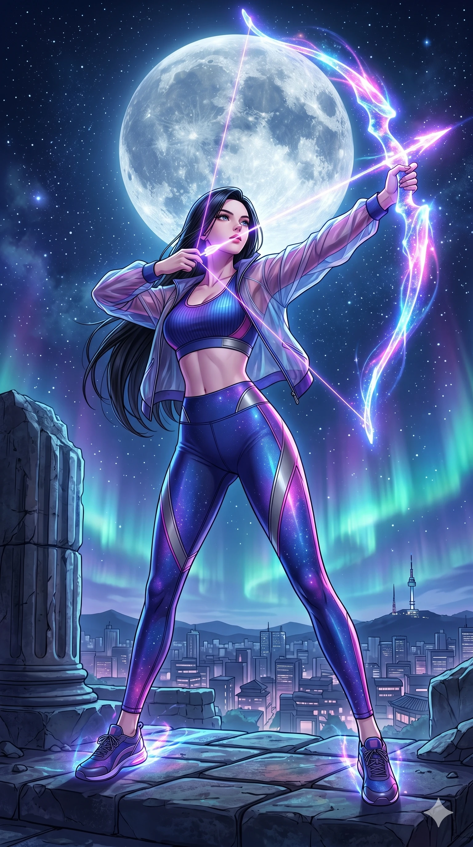 score_9, masterpiece, best quality, ultra-detailed, high-budget anime movie keyframe, cinematic anime lighting, intricate line art, Korean woman. Low angle cowboy shot capturing a powerful motion and statuesque presence. drawing a bow made of pure energy and aiming at the moon. She has an absolutely perfect 8-heads proportion, an exceptionally tall and slender female figure with an ultra-slim waist and impossibly long slender legs. strictly human anatomy, two legs only, no extra limbs, clearly defined legs and arms, perfect anatomy, perfect hands and fingers. sharp v-shaped jawline, high-bridge nose, intricate jewel-like eyes, thick eyelashes, glossy lips. Wearing Premium Athleisure: Ribbed sports bra and leggings set, sheer windbreaker, and sleek high-performance activewear. The scene is illuminated by dramatic atmospheric lighting and vibrant color palettes. , 2k, ultra detail, master piece, 9:16 ratio