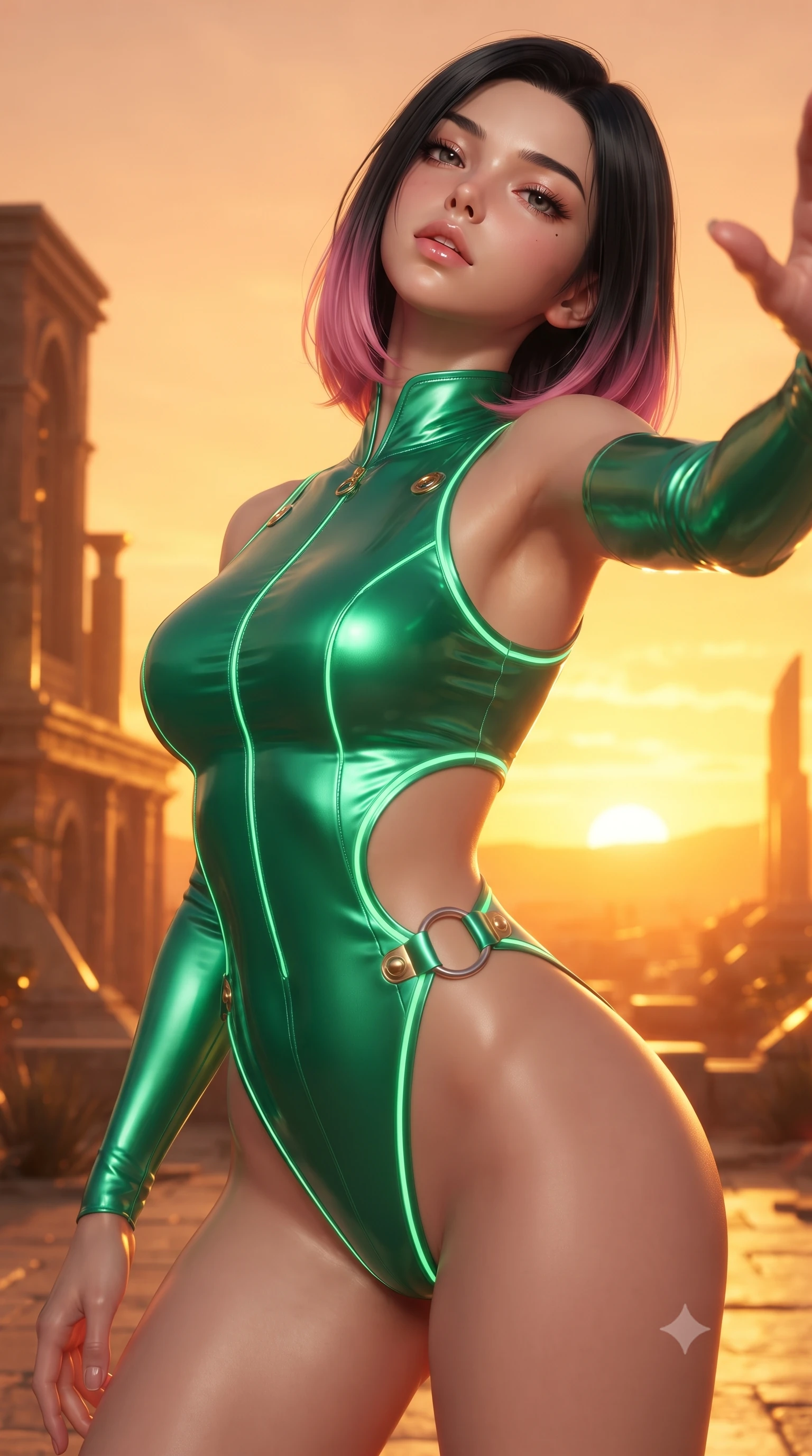 score_9, masterpiece, best quality, ultra-detailed, high-budget anime keyframe, editorial fashion photography, tasteful artistic composition, Korean woman. close-up cowboy shot from the waist and thighs up, the character dominates the composition, filling the frame with her large presence. tilting her head back with a sensual alluring expression, exposing her throat and shoulders to the camera with heavy lashes and softly parted glossy lips while reaching one arm gracefully toward the glowing orange horizon while looking into the camera with magnetic allure. The surrounding environment is rendered in vivid detail and crisp panoramic clarity. vibrant high-contrast warm lighting and exotic desert luxury design rendered in panoramic precision. She has an exceptionally elegant, slender, and willowy female figure with an ultra-slim waist, a gracefully sculpted slender torso, toned flat midriff, and a refined slim silhouette. sharp v-shaped jawline, high-bridge nose, intricate jewel-like eyes with depth, thick eyelashes, glossy lips with a natural sheen, flawlessly proportioned anatomical accuracy, strict slender model proportions, natural body alignment, perfectly sculpted long slender limbs, ultra-slim waistline, clean dynamic posture without body distortion. wearing a skin-tight cybernetic bodysuit with glowing neon seams, deep hip cutouts, and an aerodynamic athletic fit in bright emerald green satin and gold hardware, formed from high-gloss patent material with specular light reflections, detailed with polished silver rings connecting the daring side-waist cutouts, the glove-like aerodynamic second-skin fit tightly clinging to her ultra-slender waist and athletic curves without adding bulk, accentuating her razor-sharp statuesque lines and slim hourglass silhouette. illuminated by crisp golden rim highlights sharply defining her ultra-slim waist and long legs. ultra-reflective glossy finish, specular highlights, metallic sheen, high-contrast stereoscopic depth, volumetric dynamic lighting, 2k, ultra detail, master piece, 9:16 ratio