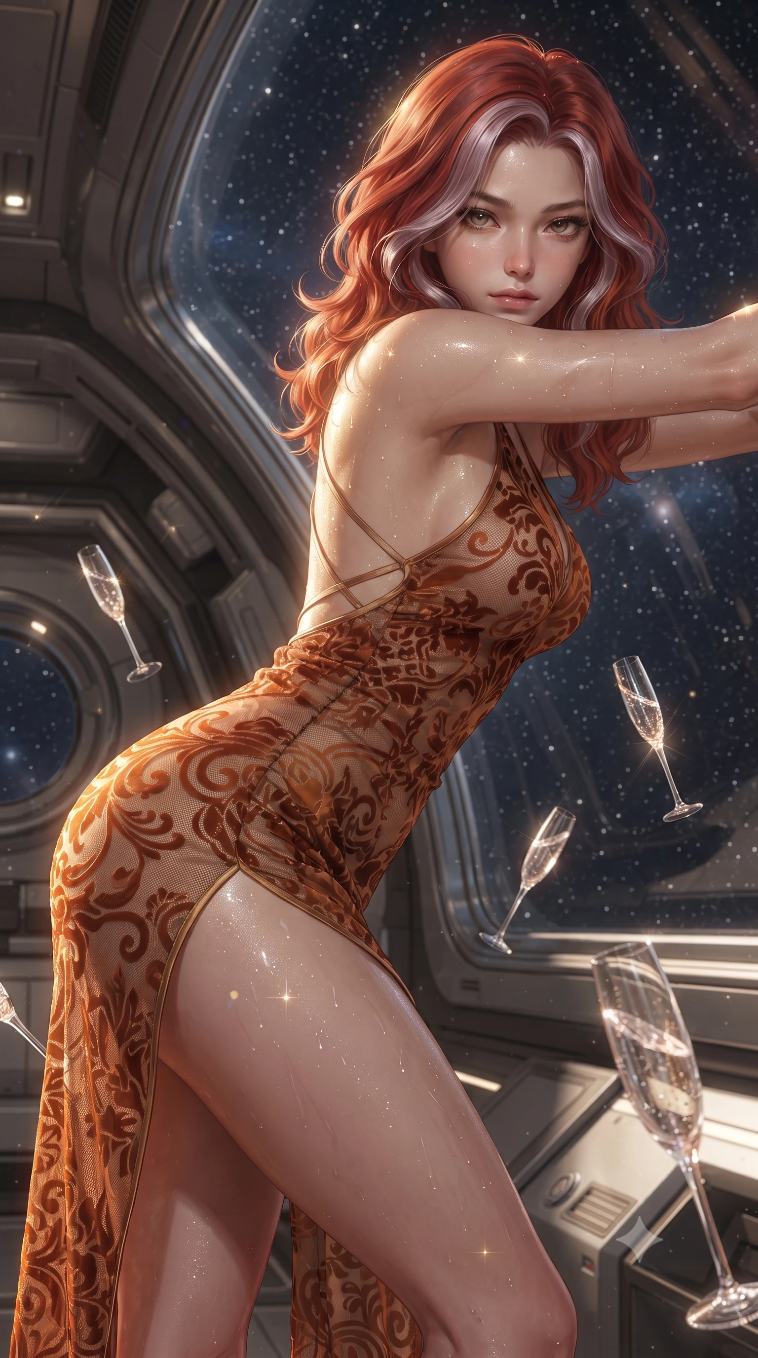 score_9, masterpiece, best quality, ultra-detailed, high-budget anime keyframe, editorial fashion photography, tasteful artistic composition, Caucasian woman. close-up cowboy shot from the waist and thighs up, the character dominates the composition, filling the frame with her large presence. leaning back with relaxed seductive grace, her sculpted collarbones and narrow waist highlighted as she casts smoldering bedroom-eyes directly into the camera while leaning back against the quartz-glass sun-shield with hips cocked, casting an alluring, sovereign bedroom-gaze past floating zero-gravity crystal flutes. The surrounding environment is rendered in vivid detail and crisp panoramic clarity. detailed metallic gown texture, starlight glints on skin, and cosmic vacuum clarity in high resolution. She has an exceptionally elegant, slender, and willowy female figure with an ultra-slim waist, flat toned midriff, narrow ribcage, and sculpted feminine hips creating an alluring, slim hourglass silhouette without bulk. sharp v-shaped jawline, high-bridge nose, intricate jewel-like eyes with depth, thick eyelashes, glossy parted lips with a natural sheen, intensely captivating and seductive bedroom-eyes expression, flawlessly proportioned anatomical accuracy, strict slender model proportions, natural body alignment, perfectly sculpted long slender limbs, ultra-slim waistline, clean dynamic posture without body distortion. wearing a delicate semi-translucent silk yukata that clings to her wet skin and curvy hip contours in molten desert gold and burnt terracotta, made of sheer contouring power-mesh with velvet flocking patterns, finished with criss-cross back satin straps highlighting her graceful shoulder blades, the second-skin form-contouring cut accentuating her sculpted flat midriff, narrow delicate ribcage, and gracefully curvy hips with supermodel precision. bathed in glorious molten golden solar radiation backlighting filtered through high-tech polarized glass. ultra-reflective glossy finish, specular highlights, rich textural contrasts, high-contrast stereoscopic depth, volumetric dynamic lighting, 2k, ultra detail, master piece, 9:16 ratio