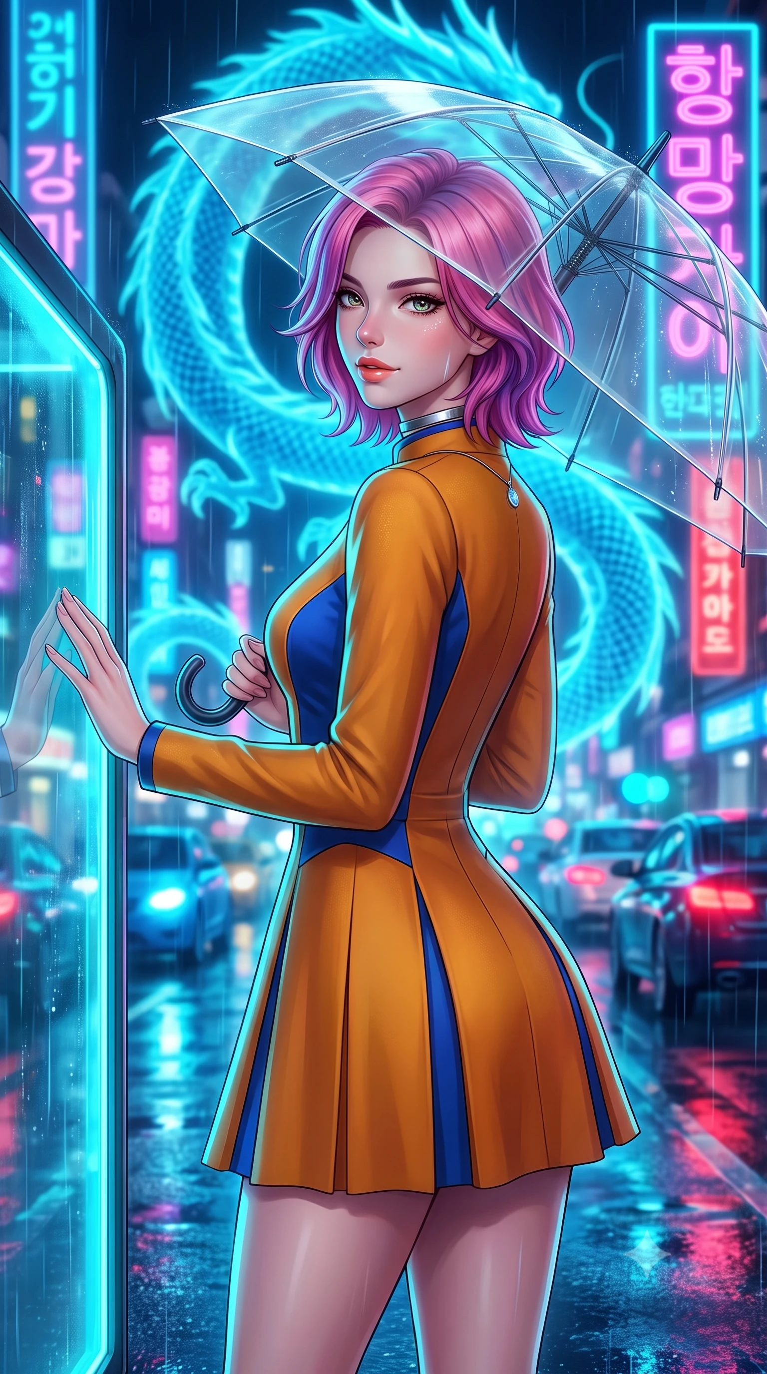 score_9, masterpiece, best quality, ultra-detailed, high-budget anime keyframe, semi-realistic 3D game render, editorial fashion photography, tasteful artistic composition, Caucasian woman. close-up cowboy shot from the waist and thighs up, the character dominates the composition, filling the frame with her large presence. posing in an alluring rear three-quarter angle, looking over a bare shoulder with parted glossy lips, her hips cocked back to highlight her slim hourglass curve while leaning against the glowing smart-glass transit shelter with hips cocked back, gazing through transparent laser umbrella canopy with smoldering bedroom-eyes. The background shows a soft-focus gigantic coiling holographic azure dragon, towering neon Hangul holographic signs, and rain-slicked futuristic traffic blurred into electric cyan, cobalt, and crimson bokeh. She has an exceptionally elegant, slender, and willowy female figure with an ultra-slim waist, flat toned midriff, narrow ribcage, and sculpted feminine hips creating an alluring, slim hourglass silhouette without bulk. sharp v-shaped jawline, high-bridge nose, intricate jewel-like sparkling eyes with depth, thick eyelashes, glossy parted lips with a natural peach sheen, bright cheerful beaming smile with an enchanting and coquettish sensual glint, exuding both youthful cute charm and seductive allure, flawlessly proportioned anatomical accuracy, strict slender model proportions, natural body alignment, perfectly sculpted long slender limbs, ultra-slim waistline, clean dynamic posture without body distortion. wearing a structured deep-space commander dress uniform with stand-up mandarin collar and pleated A-line skirt in Jovian amber and electric storm cobalt, crafted from bespoke double-faced cashmere with an exceptionally soft tactile finish, finished with a minimalist chrome choker and a single teardrop diamond pendant, the bespoke structured tailoring following the natural line of her 8.5-heads silhouette with refined elegance. illuminated by wet pavement reflection bounce and sharp electric-cyan rim lights defining her jawline, narrow waist, and curvy hips. highly saturated vibrant anime colors, detailed shading with soft gradients, rich glossy textures, high-contrast stereoscopic depth, volumetric dynamic lighting, master piece, 9:16 ratio
