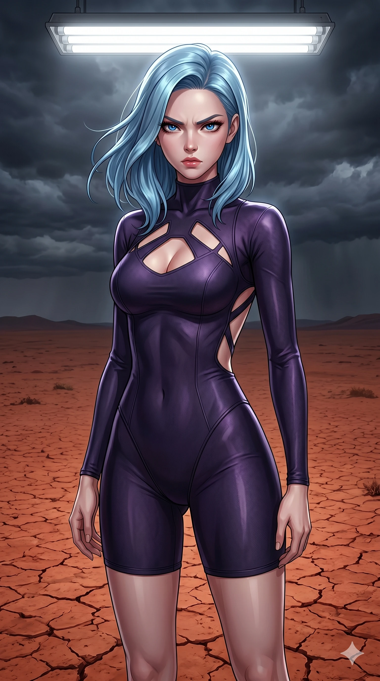 score_9, masterpiece, best quality, ultra-detailed, high-budget anime keyframe, editorial fashion photography, tasteful artistic composition, Korean woman. cowboy shot from the thighs up, character and outfit filling the frame for maximum editorial presence. staring directly at the camera with a fierce, burning anger in her jewel-like eyes standing in a dry desert basin with cracked red earth under a stormy sky (Scenario Code A-49). She has an absolutely perfect 8-heads proportion, an exceptionally tall and slender female figure with impossibly long slender legs and an ultra-slim waist. V-shaped jawline, high-bridge nose, intricate jewel-like eyes with depth, thick eyelashes, glossy lips with a natural sheen. wearing a skin-tight dark violet bodysuit featuring geometric keyhole cutouts and open-back. drenched in a harsh overhead white work light that accentuates her tensed muscles. 2k, ultra detail, master piece, 9:16 ratio