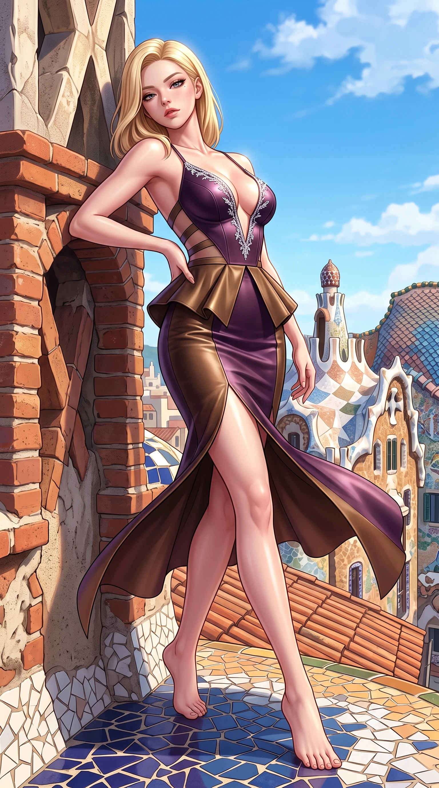 score_9, masterpiece, best quality, ultra-detailed, high-budget anime keyframe, semi-realistic 3D game render, editorial fashion photography, tasteful artistic composition, Korean woman. low angle full-body shot from head to toe showing her feet, filling the entire 9:16 vertical frame with her statuesque presence, stretching her vertical silhouette. leaning deep against the structural architecture with hips cocked in an unapologetically bold, seductive high-fashion stance while striding across the whimsical tiled roof deck as warm Mediterranean winds flutter her high-slit dress around her long slender legs. The surrounding environment is rendered in vivid detail and crisp panoramic clarity. sharp broken-ceramic trencadís mosaic tile joints, textured mortar, and terracotta brickwork in deep focus. She has an exceptionally tall and slender model-like 8.5-heads proportion, an ultra-slim waist, a flat toned midriff, narrow delicate ribcage, and beautifully sculpted feminine hips creating a graceful, slim hourglass silhouette without any bulky heaviness, with impossibly long slender legs. sharp v-shaped jawline, high-bridge nose, intricate jewel-like eyes with depth, thick eyelashes, glossy parted lips with a natural sheen, intensely captivating and seductive bedroom-eyes expression, flawlessly proportioned anatomical accuracy, strict slender model proportions, natural body alignment, perfectly sculpted long slender limbs, ultra-slim waistline, clean dynamic posture without body distortion. wearing a structural geometric peplum gown with sheer side-ribbon cutouts and form-fitting skirt in deep plum violet and antique bronze, formed from supple second-skin lambskin leather with specular sheen, finished with delicate crystal frost embroidery tracing the plunging neckline, the glove-like aerodynamic silhouette tightly following the natural contour of her hips and long slender legs with statuesque 8.5-heads elegance. illuminated by glowing specular sun glints defining her sculpted collarbones, narrow waist, and curvy hips. highly saturated vibrant anime colors, detailed shading with soft gradients, rich glossy textures, high-contrast stereoscopic depth, volumetric dynamic lighting, master piece, 9:16 ratio