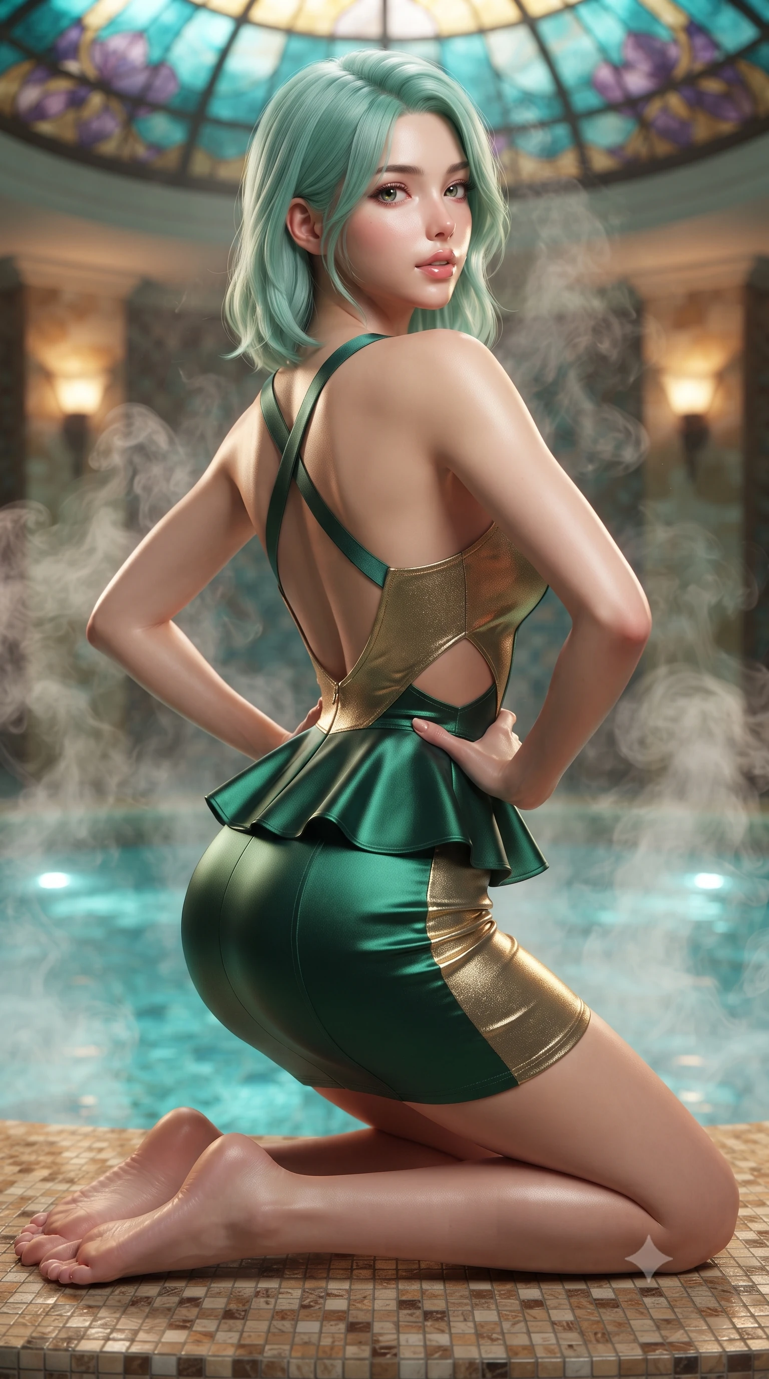 score_9, masterpiece, best quality, ultra-detailed, high-budget anime keyframe, editorial fashion photography, tasteful artistic composition, Japanese woman. close-up cowboy shot from the waist and thighs up, the character dominates the composition, filling the frame with her large presence. posing in an alluring rear three-quarter angle, arching her lower back in a pronounced S-curve with one hand on her hip, glancing seductively over her bare shoulder with parted glossy lips while kneeling gracefully on the warm mosaic tile deck with one hand on her hip, thermal steam rising to frame her feminine silhouette. The composition keeps background elements in soft focus with creamy bokeh. swirling thermal steam clouds and Art Nouveau stained-glass dome facets blurred into aquatic turquoise, gold, and amethyst bokeh. She has an exceptionally elegant, slender, and willowy female figure with an ultra-slim waist, flat toned midriff, narrow ribcage, and sculpted feminine hips creating an alluring, slim hourglass silhouette without bulk. sharp v-shaped jawline, high-bridge nose, intricate jewel-like eyes with depth, thick eyelashes, glossy parted lips with a natural sheen, intensely captivating and seductive bedroom-eyes expression, flawlessly proportioned anatomical accuracy, strict slender model proportions, natural body alignment, perfectly sculpted long slender limbs, ultra-slim waistline, clean dynamic posture without body distortion. wearing a modern peplum corset dress with side-waist diamond cutouts and an ultra-tight silhouette in deep emerald green satin and gold hardware, crafted from luxurious metallic lamé that shifts radiance with every step, finished with criss-cross back satin straps highlighting her graceful shoulder blades, the precision-cut side openings and low-back scoop framing her graceful spine and the sensual sweep of her slim, toned hips. bathed in soft underwater turquoise pool illumination and warm golden stone sconce uplights. ultra-reflective glossy finish, specular highlights, rich textural contrasts, high-contrast stereoscopic depth, volumetric dynamic lighting, 2k, ultra detail, master piece, 9:16 ratio