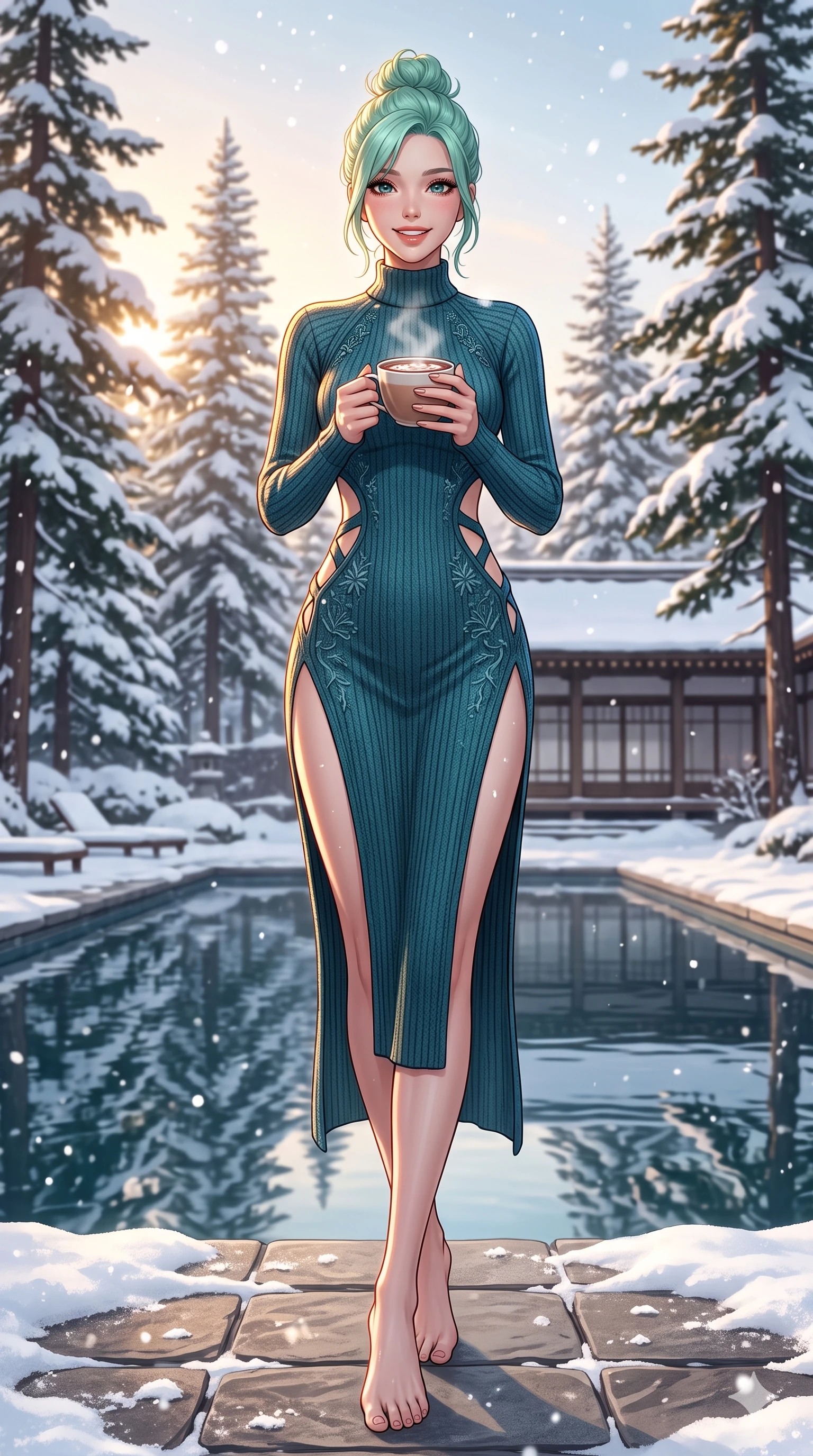 score_9, masterpiece, best quality, ultra-detailed, high-budget anime keyframe, vibrant anime aesthetic, Japanese woman. low angle full-body shot from head to toe showing her feet, filling the entire 9:16 vertical frame with her statuesque presence, stretching her vertical silhouette. She is holding a cup of hot chocolate with a joyful smile, looking directly at the lens by a quiet resort courtyard pool surrounded by snow pines (Code-P21-055). She has an absolutely perfect 8-heads proportion, an exceptionally tall and slender female figure with impossibly long slender legs and an ultra-slim waist. V-shaped jawline, high-bridge nose, intricate jewel-like eyes with depth, thick eyelashes, glossy lips with a natural sheen. wearing a bodycon dress featuring side cut-outs and a high-slit leg line in winter. She is drenched in warm morning winter sunshine, tracing the elegant lines of her shoulders. 2k, ultra detail, master piece, 9:16 ratio