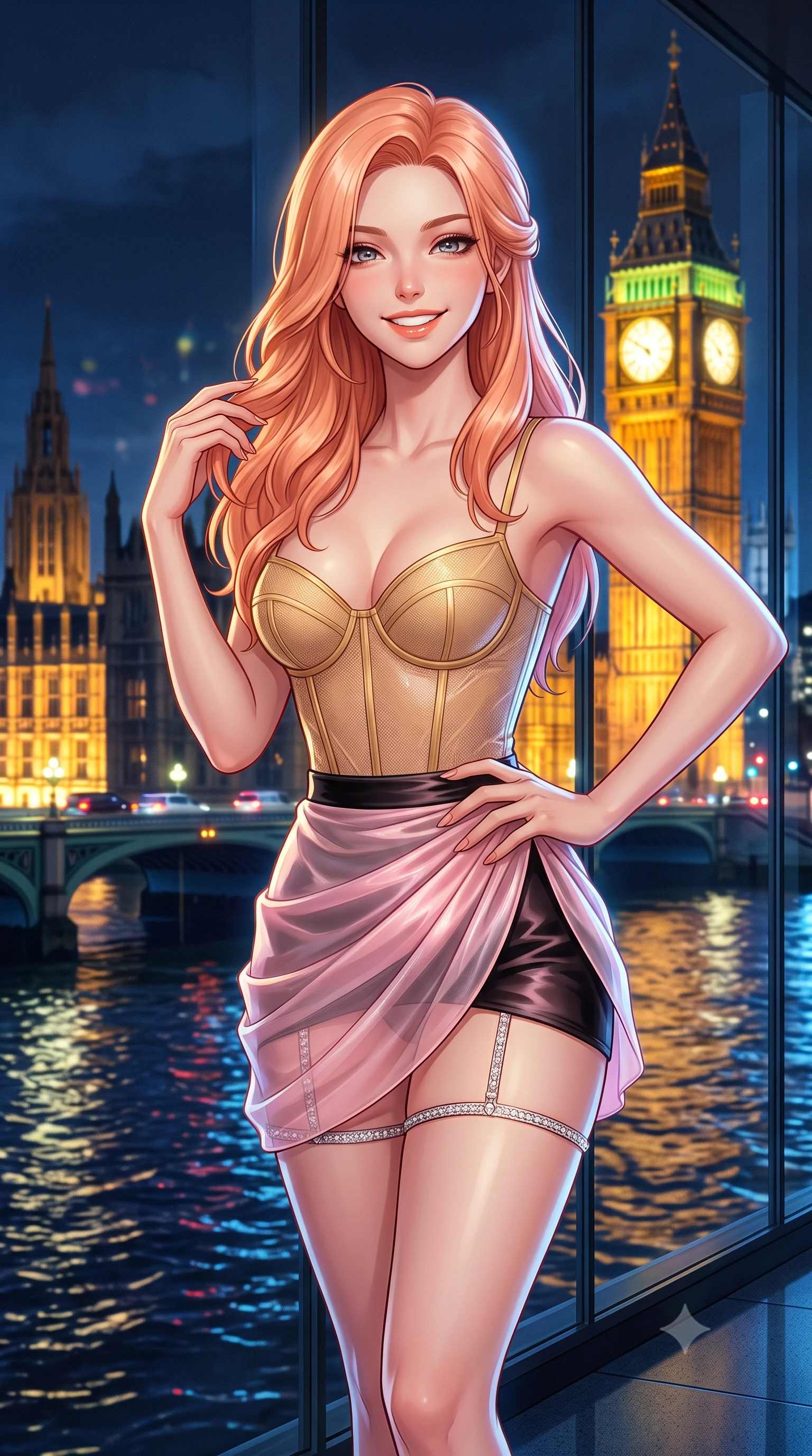 score_9, masterpiece, best quality, ultra-detailed, high-budget anime keyframe, semi-realistic 3D game render, editorial fashion photography, tasteful artistic composition, Japanese woman. close-up cowboy shot from the waist and thighs up, the character dominates the composition, filling the frame with her large presence. twisting her slender torso in an alluring contrapposto stance, one hand resting on her sculpted hip while her fingers toy with her hair with effortless poise while standing poised beside the double-height glass facade overlooking the Thames, arching her spine as illuminated Big Ben and the Houses of Parliament glow across the river. The background shows a soft-focus golden illuminated clock face and gothic spires of Big Ben, Westminster Bridge vehicle headlights reflecting on dark Thames waves blurred into electric gold, ruby, and sapphire bokeh. She has an exceptionally elegant, slender, and willowy female figure with an ultra-slim waist, flat toned midriff, narrow ribcage, and sculpted feminine hips creating an alluring, slim hourglass silhouette without bulk. sharp v-shaped jawline, high-bridge nose, intricate jewel-like sparkling eyes with depth, thick eyelashes, glossy parted lips with a natural peach sheen, bright cheerful beaming smile with an enchanting and coquettish sensual glint, exuding both youthful cute charm and seductive allure, flawlessly proportioned anatomical accuracy, strict slender model proportions, natural body alignment, perfectly sculpted long slender limbs, ultra-slim waistline, clean dynamic posture without body distortion. wearing a sculpted underwire bustier in sheer golden mesh paired with an ultra-short draped chiffon sarong mini skirt in Kyoto moonlit sakura blush and polished urushi black, crafted from translucent silk organza with an ethereal crystalline sheen, finished with delicate crystal-encrusted thigh garter straps glinting in the dim light, the form-contouring silhouette accentuating her sculpted flat midriff, narrow delicate ribcage, and gracefully curvy hips with intoxicating allure. bathed in the breathtaking contrast of golden Westminster architectural floodlights and cool blue river ambient. highly saturated vibrant anime colors, detailed shading with soft gradients, rich glossy textures, high-contrast stereoscopic depth, volumetric dynamic lighting, master piece, 9:16 ratio