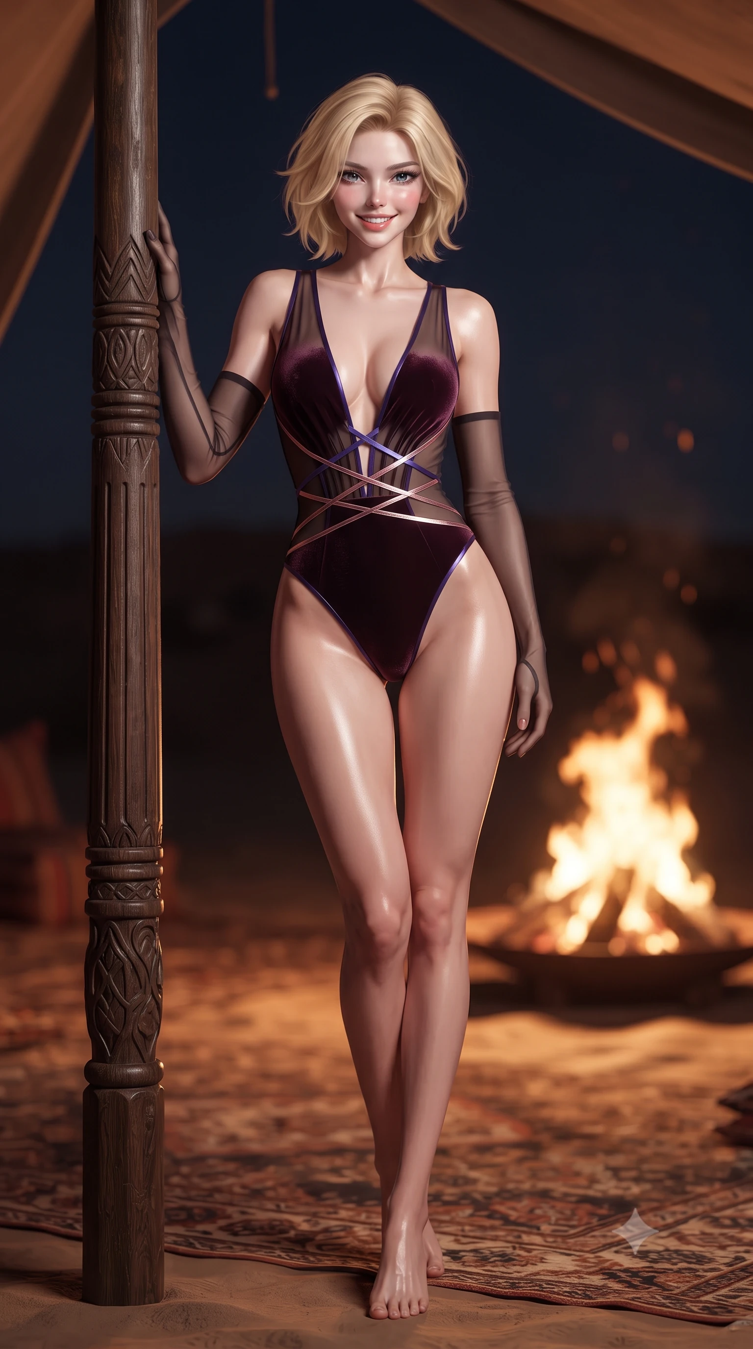 score_9, masterpiece, best quality, ultra-detailed, high-budget anime keyframe, editorial fashion photography, tasteful artistic composition, Caucasian woman. low angle full-body shot from head to toe showing her feet, filling the entire 9:16 vertical frame with her statuesque presence, stretching her vertical silhouette. stepping slowly toward the camera with hypnotic grace, hips swaying in an alluring sensual rhythm that accentuates her curvy hourglass silhouette and long slender legs while leaning against the carved wooden tent support pole with hips cocked back, casting an intoxicating bedroom-gaze past the roaring outdoor campfire. The background shows a soft-focus dancing campfire flames softened in romantic desert safari shallow focus. She has an exceptionally tall and slender model-like 8.5-heads proportion, an ultra-slim waist, a flat toned midriff, narrow delicate ribcage, and beautifully sculpted feminine hips creating a graceful, slim hourglass silhouette without any bulky heaviness, with impossibly long slender legs. sharp v-shaped jawline, high-bridge nose, intricate jewel-like sparkling eyes with depth, thick eyelashes, glossy parted lips with a natural peach sheen, bright cheerful beaming smile with an enchanting and coquettish sensual glint, exuding both youthful cute charm and seductive allure, flawlessly proportioned anatomical accuracy, strict slender model proportions, natural body alignment, perfectly sculpted long slender limbs, ultra-slim waistline, clean dynamic posture without body distortion. wearing a provocative plunging sheer micro-mesh leotard with criss-cross neon strap details across her flat midriff in orbital nebula violet and luminescent rose gold, tailored from ultra-plush silk velvet with rich tactile depth and deep shadow gradients, complemented by sheer opera-length evening gloves tracing her slender arms, the glove-like clinging cut tightly following the natural contour of her hips and long slender legs with youthful 8.5-heads elegance. illuminated by ground rug reflection bounce and sharp copper-gold rim lights defining her dewy collarbones, ultra-slim waist, and curvy hips. ultra-reflective glossy finish, specular highlights, rich textural contrasts, high-contrast stereoscopic depth, volumetric dynamic lighting, 2k, ultra detail, master piece, 9:16 ratio