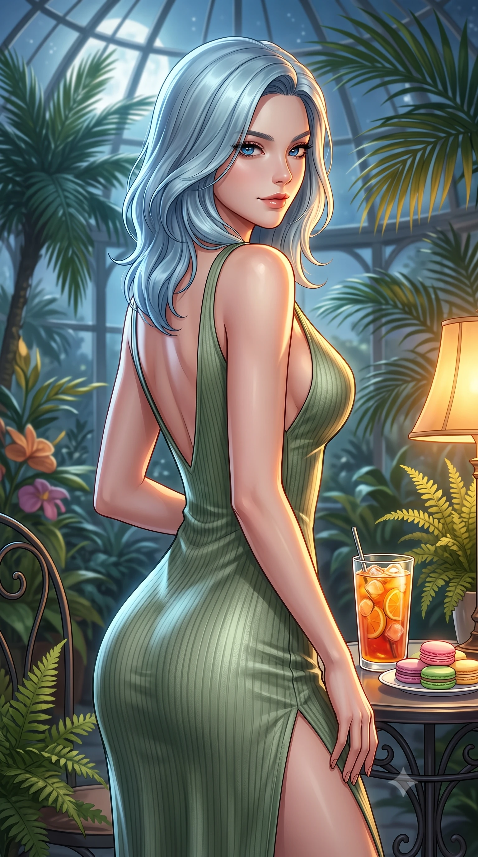 score_9, masterpiece, best quality, ultra-detailed, high-budget anime keyframe, editorial fashion photography, tasteful artistic composition, Korean woman. close-up cowboy shot from the waist and thighs up, the character dominates the composition, filling the frame with her large presence, background elements kept in soft focus. glancing sidelong over her shoulder with an intoxicating, lingering stare and a subtle, knowing smile set against a soft-focus background of inside an exclusive botanical greenhouse with a glass of iced fruit tea and delicate macaron pastries arranged on the table. She has an exceptionally elegant, slender, and willowy female figure with an ultra-slim waist, a gracefully sculpted slender torso, and a refined silhouette. sharp v-shaped jawline, high-bridge nose, intricate jewel-like eyes with depth, thick eyelashes, glossy lips with a natural sheen. wearing tailored sage green ribbed cashmere open-back silk slip dress featuring a deep V-neckline and a leg-lengthening side slit featuring refined tailored seams. illuminated by soft silver moonlight contrasting with the warm amber glow of a nearby lamp. highly saturated vibrant anime colors, detailed shading with soft gradients, rich glossy textures, high-contrast stereoscopic depth, volumetric dynamic lighting, master piece, 9:16 ratio