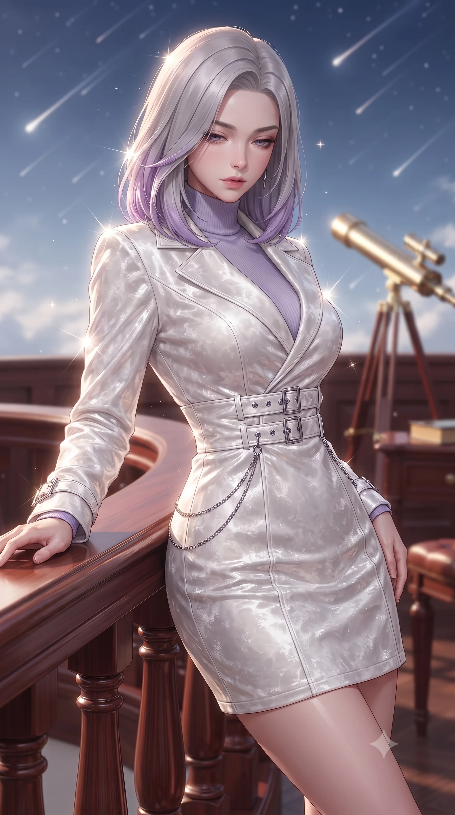 score_9, masterpiece, best quality, ultra-detailed, high-budget anime keyframe, editorial fashion photography, tasteful artistic composition, Caucasian woman. close-up cowboy shot from the waist and thighs up, the character dominates the composition, filling the frame with her large presence, background elements kept in soft focus. Looking down with lowered lashes and a composed, powerful aura, resting against a mahogany balustrade under a sky full of falling meteors, polished brass telescope and mahogany furniture glinting under key light. She has an exceptionally elegant, slender, and willowy female figure with an ultra-slim waist, a gracefully sculpted slender torso, and a refined silhouette. sharp v-shaped jawline, high-bridge nose, intricate jewel-like eyes with depth, thick eyelashes, glossy lips with a natural sheen. wearing structured pearl-white trench dress over sleek turtleneck in pastel lavender violet, made of crushed white silk velvet, framed by polished silver buckles and delicate chain details, accentuating her gracefully sculpted slender torso. surrounded by a glowing starlight aura with sharp specular highlights. ultra-reflective glossy finish, specular highlights, metallic sheen, high-contrast stereoscopic depth, volumetric dynamic lighting, 2k, ultra detail, master piece, 9:16 ratio