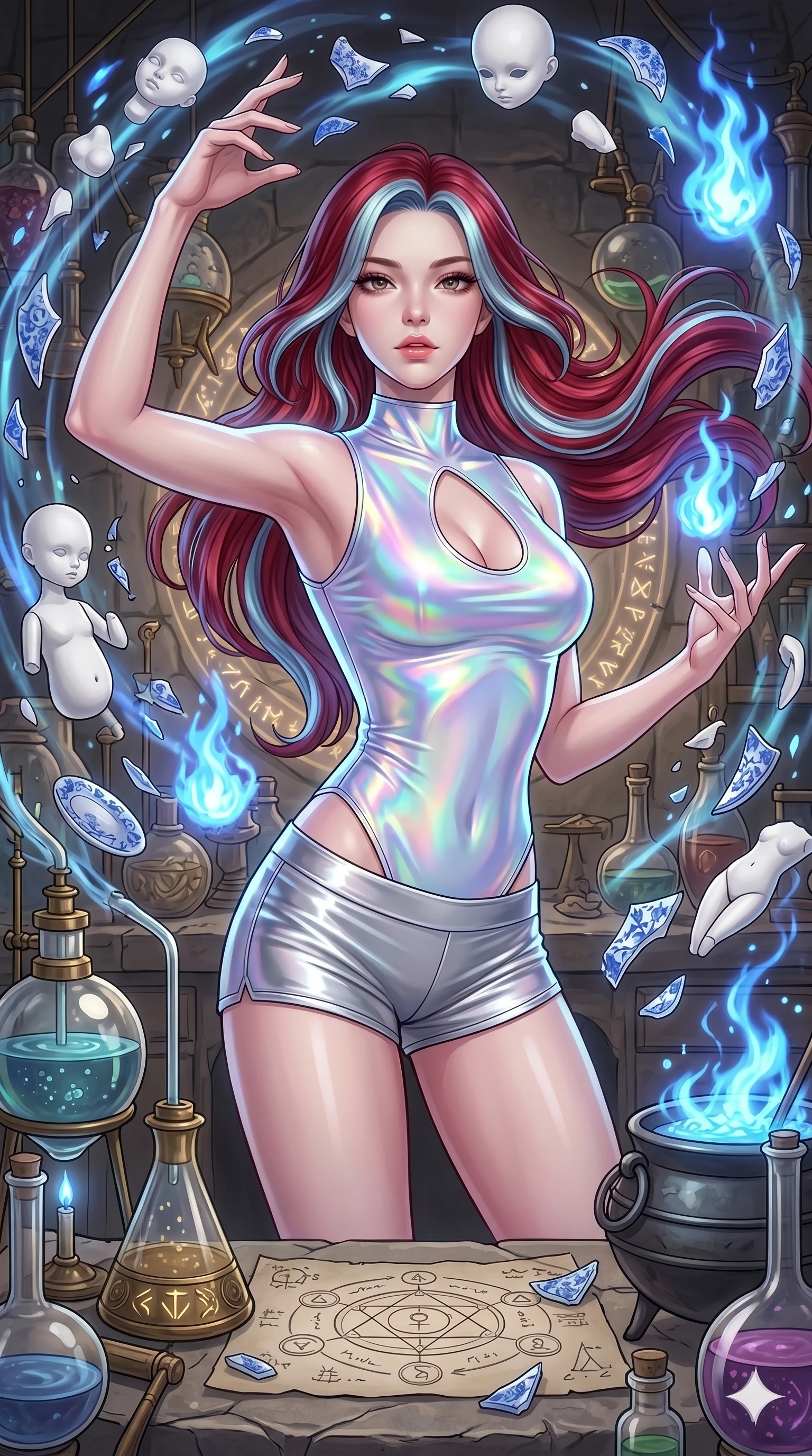 score_9, masterpiece, best quality, ultra-detailed, high-budget anime keyframe, Caucasian woman, strictly human ears. upper body close-up from the thighs up, character filling the screen for maximum presence. assisting in an alchemical porcelain workshop where floating white bisque doll parts and blue porcelain shards swirl amidst blue alchemical flames. She has an absolutely perfect 8-heads proportion, an exceptionally tall and slender female figure with impossibly long slender legs and an ultra-slim waist. V-shaped jawline, high-bridge nose, intricate jewel-like eyes with depth, thick eyelashes, glossy lips with a natural sheen.. wearing a holographic liquid silk vest and silver metallic micro-shorts, featuring a keyhole cutout and form-fitting silhouette. enhanced by a luminous pastel spectrum glow, casting elegant rim lights on her shoulders and jawline. 2k, ultra detail, master piece, 9:16 ratio