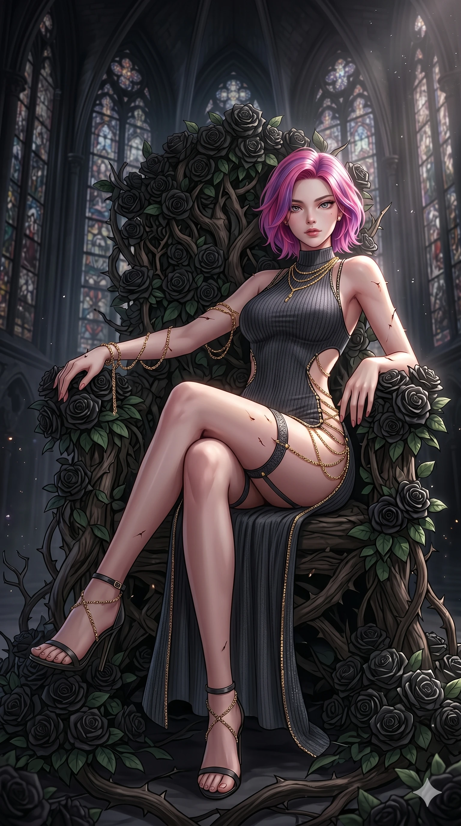 score_9, masterpiece, best quality, ultra-detailed, High-budget Anime Keyframe, East Asian woman. Dynamic full-body shot stretching the vertical silhouette to the limit. Scenario 290: Resting on a throne of black roses, thorns grazing her skin. Her presence is magnetic and overpowering in this high-budget anime scene. Outfit 290: A ribbed bodycon knit garter with a strategic side cut-outs and fine gold chains. The clothing is designed to emphasize her exceptionally tall and slender 8-heads proportion. 8-heads proportion, towering silhouette, ultra-slim waist. sharp v-shaped jawline, intricate jewel-like eyes with depth, thick eyelashes, glossy lips. 2k, ultra detail, master piece, 9:16 ratio