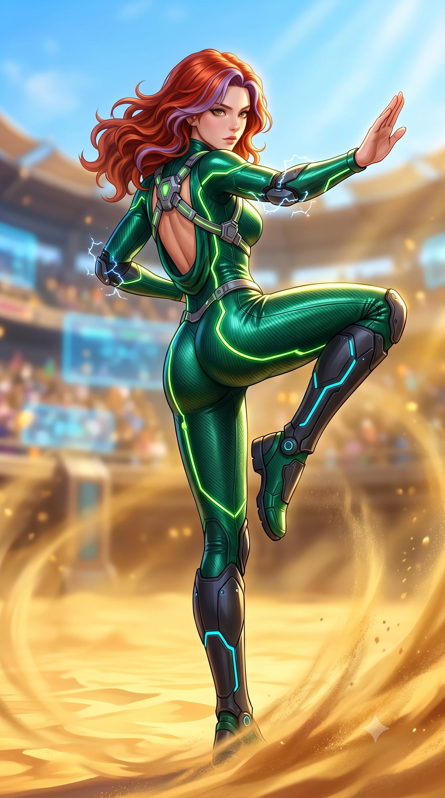 score_9, masterpiece, best quality, ultra-detailed, high-budget anime keyframe, semi-realistic 3D game render, editorial fashion photography, tasteful artistic composition, Caucasian woman. close-up cowboy shot from the waist and thighs up, the character dominates the composition, filling the frame with her large presence. twisting her upper body in a dynamic S-curve martial arts stance, cybernetic elbow dampers emitting subtle electric sparks as she aims a focused palm strike while executing a vertical 180-degree mid-air spinning axe kick in a vast cybernetic colosseum arena as sand swirls beneath her feet. The composition keeps background elements in soft focus with creamy bokeh. holographic colosseum spectator galleries and swirling sand dust blurred into rich golden amber and sky-blue bokeh. She has an exceptionally elegant, slender, and willowy female figure with an ultra-slim waist, a gracefully sculpted slender torso, toned flat midriff, and a refined slim silhouette. sharp v-shaped jawline, high-bridge nose, intricate jewel-like eyes with depth, thick eyelashes, glossy lips with a natural sheen, flawlessly proportioned anatomical accuracy, strict slender model proportions, natural body alignment, perfectly sculpted long slender limbs, ultra-slim waistline, clean dynamic posture without body distortion. wearing a tailored emerald-green carbon-fiber tactical jumpsuit with glowing lime LED channels, open cowl back, and reinforced combat shin-guards in matte obsidian carbon black with electric cyan conduits, formed from high-gloss patent carbon-plating with specular chiaroscuro reflections, reinforced by a sleek titanium kinetic harness and glowing micro-energy straps, the liquid-tight tailored fabric emphasizing every curve of her tall, slender model proportions and sculptured silhouette during dynamic movement. bathed in brilliant midday desert sunshine and warm golden sand surface reflections. rich saturated anime colors with glowing neon highlights, detailed shading with soft gradients, rich glossy textures, high-contrast stereoscopic depth, volumetric dynamic lighting, master piece, 9:16 ratio