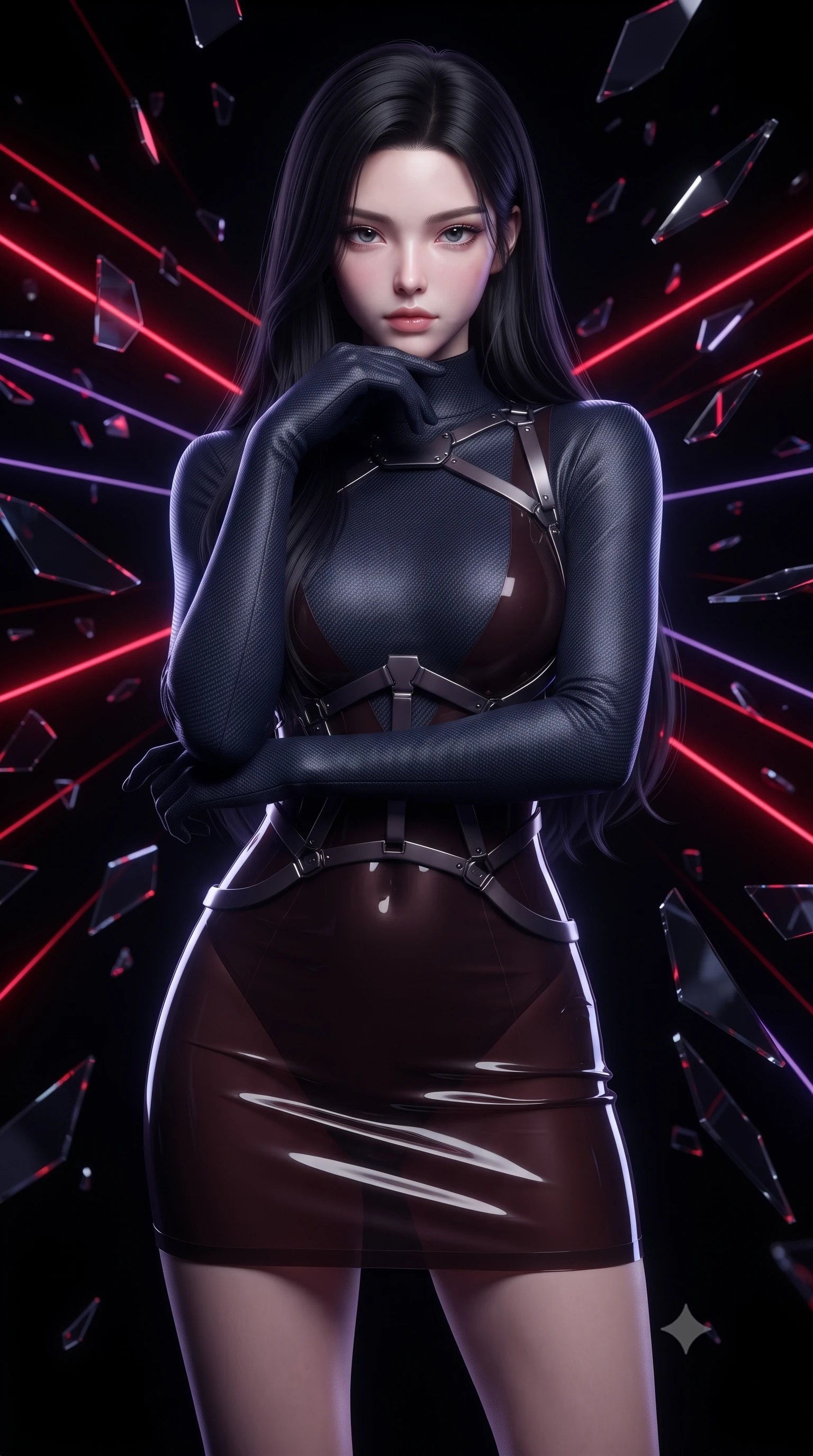 score_9, masterpiece, best quality, ultra-detailed, high-budget anime keyframe, editorial fashion photography, tasteful artistic composition, Korean woman. close-up cowboy shot from the waist and thighs up, the character dominates the composition, filling the frame with her large presence, background elements kept in soft focus. Resting her chin on the backs of her fingers with an air of effortless superiority, resting amidst a blizzard of floating dark mirror shards in a pitch-black void, razor-sharp crimson and violet laser lines refracting through glass edges. She has an exceptionally elegant, slender, and willowy female figure with an ultra-slim waist, a gracefully sculpted slender torso, and a refined silhouette. sharp v-shaped jawline, high-bridge nose, intricate jewel-like eyes with depth, thick eyelashes, glossy lips with a natural sheen. wearing glove-like fit dark navy latex bodycon mini dress in dark mahogany, made of matte carbon-fiber weave, highlighted by a gunmetal metallic harness structure, following her slender form with tailored precision. illuminated by sharp crimson laser light multiplying through dark chrome mirrors. ultra-reflective glossy finish, specular highlights, metallic sheen, high-contrast stereoscopic depth, volumetric dynamic lighting, 2k, ultra detail, master piece, 9:16 ratio