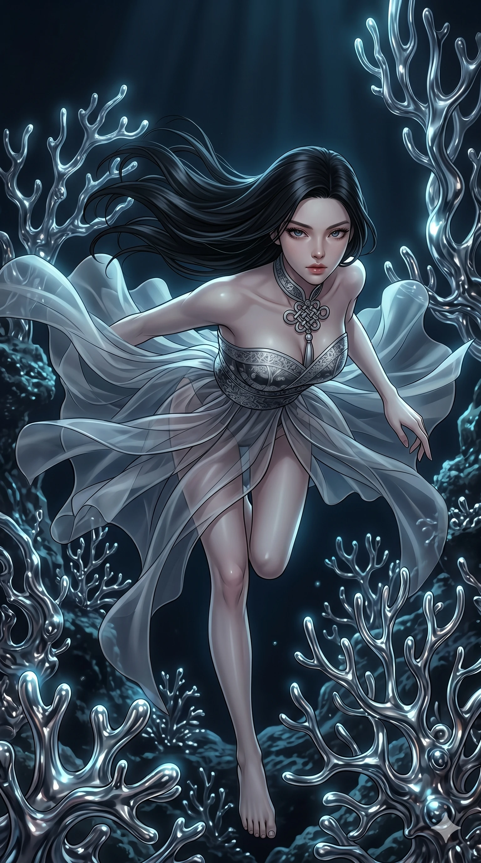 score_9, masterpiece, best quality, ultra-detailed, high-budget anime keyframe, Korean woman. upper body close-up from the thighs up, character filling the screen for maximum presence. diving through a bionic fluid mercury reef where self-replicating liquid chrome corals pulse under dark ocean water. She has an absolutely perfect 8-heads proportion, an exceptionally tall and slender female figure with impossibly long slender legs and an ultra-slim waist. V-shaped jawline, high-bridge nose, intricate jewel-like eyes with depth, thick eyelashes, glossy lips with a natural sheen.. wearing a modern fusion silk hanbok dress, featuring a silk bustier top, layered sheer organza skirts, and a traditional knot choker. lit by a soft glowing ambient light and a sharp side key light that traces the sleek contours of her athletic build. 2k, ultra detail, master piece, 9:16 ratio
