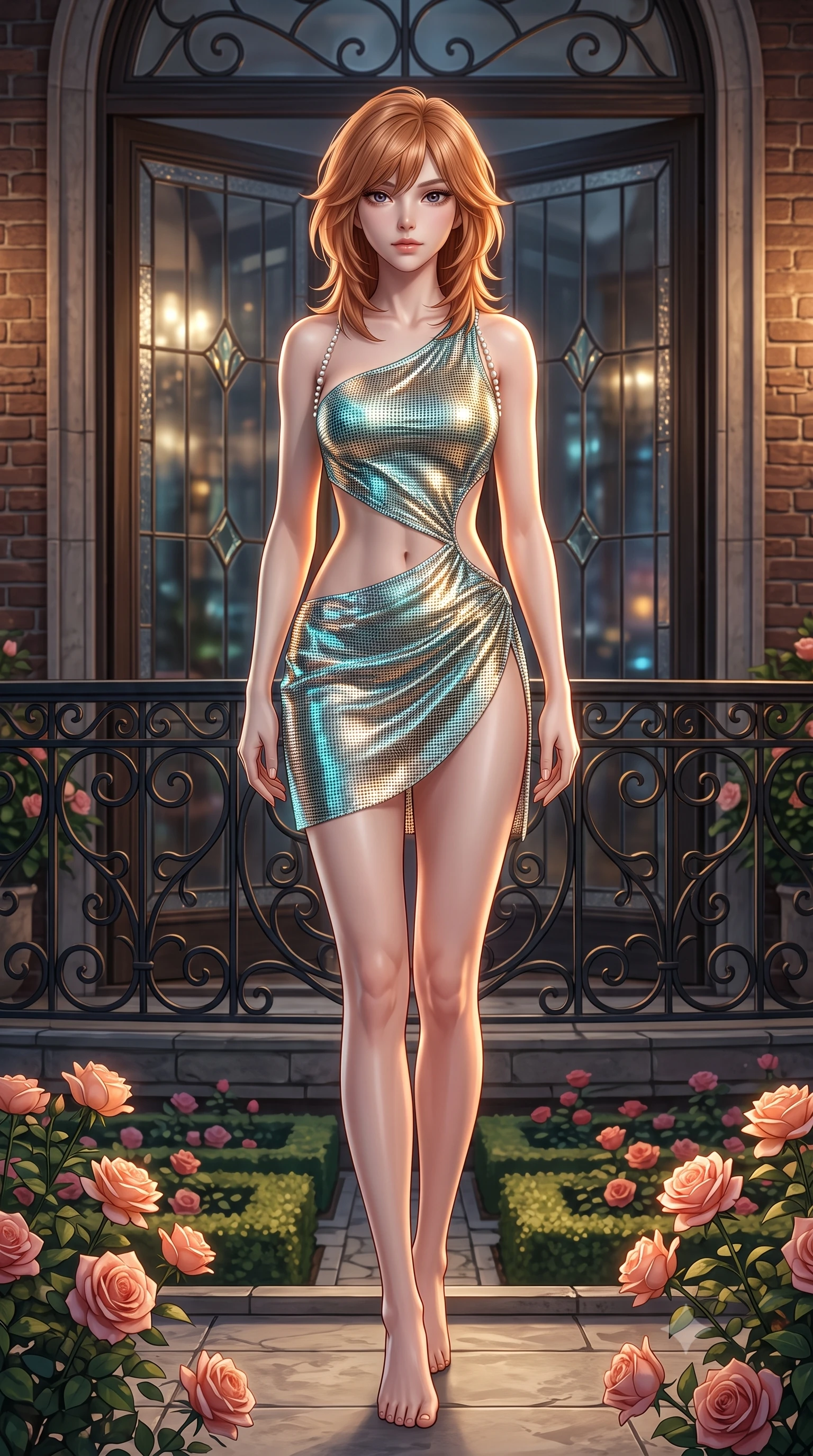 score_9, masterpiece, best quality, ultra-detailed, high-budget anime keyframe, semi-realistic 3D game render, editorial fashion photography, tasteful artistic composition, Korean woman. low angle full-body shot from head to toe showing her feet, filling the entire 9:16 vertical frame with her statuesque presence, stretching her vertical silhouette. stepping slowly toward the camera with hypnotic grace, hips swaying in an alluring sensual rhythm that accentuates her curvy hourglass silhouette and long slender legs while standing at the ornate wrought-iron balcony railing overlooking geometric rose gardens, arching her back with supreme high-society glamour. The surrounding environment is rendered in vivid detail and crisp panoramic clarity: sharp wrought-iron scrollwork details, blooming David Austin rose petal textures, and leaded glass door frames in deep focus. She has an absolutely perfect, statuesque 8.5-heads proportion, an exceptionally tall and slender model-like female figure with impossibly long slender legs, an ultra-slim waist, a flat toned midriff, narrow delicate ribcage, and beautifully sculpted feminine hips creating a graceful, slim hourglass silhouette without any bulky heaviness. sharp v-shaped jawline, high-bridge nose, sparkling eyes with hypnotic seductive depth, thick curled eyelashes, glossy parted lips with a natural dewy peach sheen, alluring bedroom-eyes with an enchanting coquettish smile, exuding magnetic siren charisma and sophisticated glamour, flawlessly proportioned anatomical accuracy, strict slender model proportions, natural body alignment, perfectly sculpted long slender limbs, ultra-slim waistline, clean dynamic posture without body distortion. wearing an asymmetric one-shoulder metallic cocktail mini dress with a dramatic side cutout hugging her waist and hips in celestial water-lily white and shimmering aquamarine, crafted from shimmering fluid chainmail mesh reflecting ambient casino lights, finished with a pearl-drop body harness subtly framing her dewy collarbones and spine, the high-slit wrap tailoring accentuating her ultra-slim waistline and the enchanting curve of her feminine hips with alluring seductive charm. illuminated by glass door reflections and sharp warm-gold rim lights sculpting her delicate clavicles, ultra-slim waist, and curvy hips. highly saturated vibrant anime colors, detailed shading with soft gradients, rich glossy textures, high-contrast stereoscopic depth, volumetric dynamic lighting, master piece, 9:16 ratio