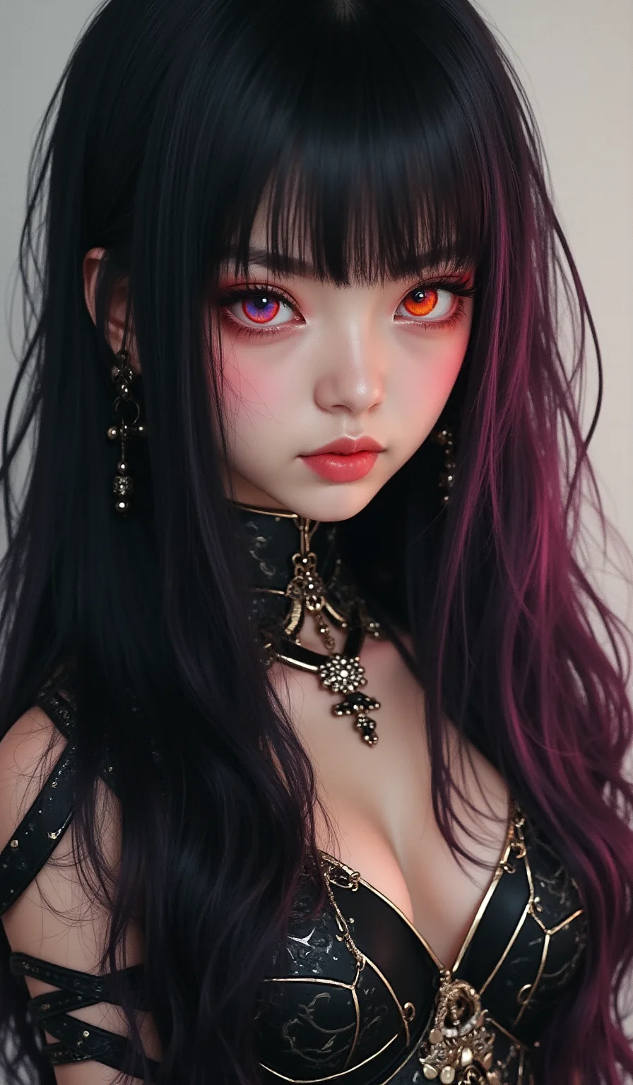 A portrait of a female idol with long, multi-colored black hair and striking, artistically manipulated eye color. She wears an elegant Gen-Z Japan-Korea fusion outfit with metallic accents and a layered silhouette.