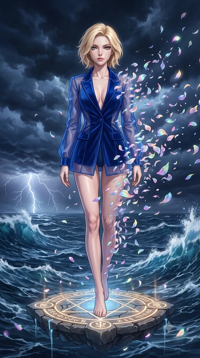 score_9, masterpiece, best quality, ultra-detailed, High-budget Anime Keyframe, Caucasian woman, strictly human ears. Low angle cowboy shot filling the entire 9:16 frame with her statuesque presence. Scenario 419: dissolving into a cloud of iridescen