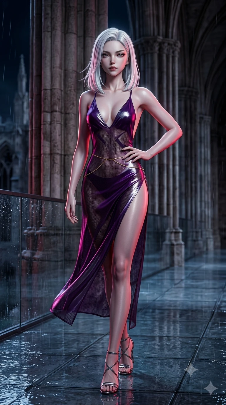 score_9, masterpiece, best quality, ultra-detailed, high-budget anime keyframe, semi-realistic 3D game render, editorial fashion photography, tasteful artistic composition, Korean woman. low angle full-body shot from head to toe showing her feet, filling the entire 9:16 vertical frame with her statuesque presence, stretching her vertical silhouette. striding across the rain-swept glass terrace, nocturnal breezes whipping her garments open to accentuate her long slender legs and curvy hips while holding a confident power pose with one hand on her hip beside the soaring stone nave pillars, looking into the lens with dangerous intensity. The background shows a soft-focus ancient ruined European cathedral softened in gothic nocturnal shallow focus. She has an absolutely perfect, statuesque 8.5-heads proportion, an exceptionally tall and slender model-like female figure with impossibly long slender legs, an ultra-slim waist, a flat toned midriff, narrow delicate ribcage, and beautifully sculpted feminine hips creating a graceful, slim hourglass silhouette without any bulky heaviness. sharp v-shaped jawline, high-bridge nose, intricate jewel-like dark sparkling eyes with hypnotic seductive depth, thick curled eyelashes, glossy parted lips with a natural wine sheen, alluring bedroom-eyes with an enigmatic smoldering smile, exuding magnetic sovereign charisma and dark avant-garde glamour, flawlessly proportioned anatomical accuracy, strict slender model proportions, natural body alignment, perfectly sculpted long slender limbs, ultra-slim waistline, clean dynamic posture without body distortion. wearing a provocative backless liquid lamé slip dress with plunging neckline and hip-high thigh slit in royal amaranth purple and liquid platinum, crafted from fine dark contouring mesh with sheer geometric transparency, accented with a dainty gold belly chain resting across her flat midriff and curving hips, the high-slit wrap tailoring accentuating her ultra-slim waistline and the enchanting curve of her feminine hips with alluring seductive charm. illuminated by moonlit altar marble bounce and sharp blood-ruby rim lights sculpting her razor-sharp jawline, narrow waist, and curvy hips. highly saturated vibrant anime colors, detailed shading with soft gradients, rich glossy textures, high-contrast stereoscopic depth, volumetric dynamic lighting, master piece, 9:16 ratio
