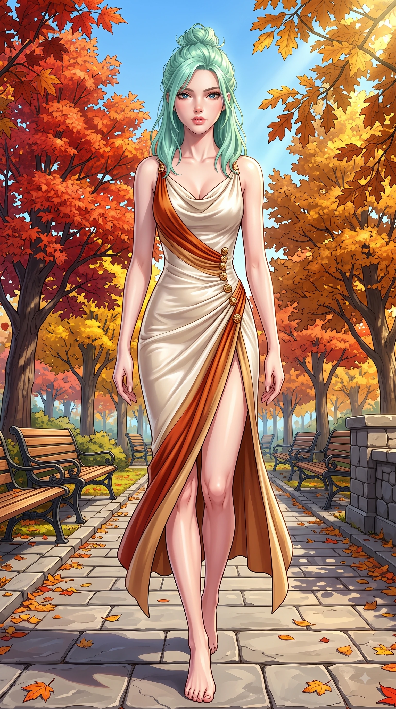 score_9, masterpiece, best quality, ultra-detailed, high-budget anime keyframe, editorial fashion photography, tasteful artistic composition, Japanese woman. low angle full-body shot from head to toe showing her feet, filling the entire 9:16 vertical frame with her statuesque presence, stretching her vertical silhouette. Sensual alluring expression with smoldering intensity, half-closed bedroom eyes, and softly parted glossy lips while stepping along a paved park path flanked by vibrant autumn trees under a clear blue sky. The surrounding environment is rendered in vivid detail and crisp panoramic clarity. intricate leaf vein textures, classic wooden park benches, and stone park paths in sharp resolution. She has an absolutely perfect, statuesque 8.5-heads proportion, an exceptionally tall and slender model-like female figure with impossibly long slender legs and an ultra-slim waist. sharp v-shaped jawline, high-bridge nose, intricate jewel-like eyes with depth, thick eyelashes, glossy lips with a natural sheen, flawlessly proportioned anatomical accuracy, natural body alignment, perfectly sculpted elegant limbs, clean dynamic posture without body distortion. wearing an elegant ivory silk cowl-neck dress with fluid draped lines in burnt orange and warm camel beige, made of premium stretch velvet with a rich glossy sheen, finished with gold metallic hardware buttons along the front, the sleek second-skin fit accentuating her magnetic presence. illuminated by bright glowing yellow ambient light and clear sky refractions. highly saturated vibrant anime colors, detailed shading with soft gradients, rich glossy textures, high-contrast stereoscopic depth, volumetric dynamic lighting, master piece, 9:16 ratio