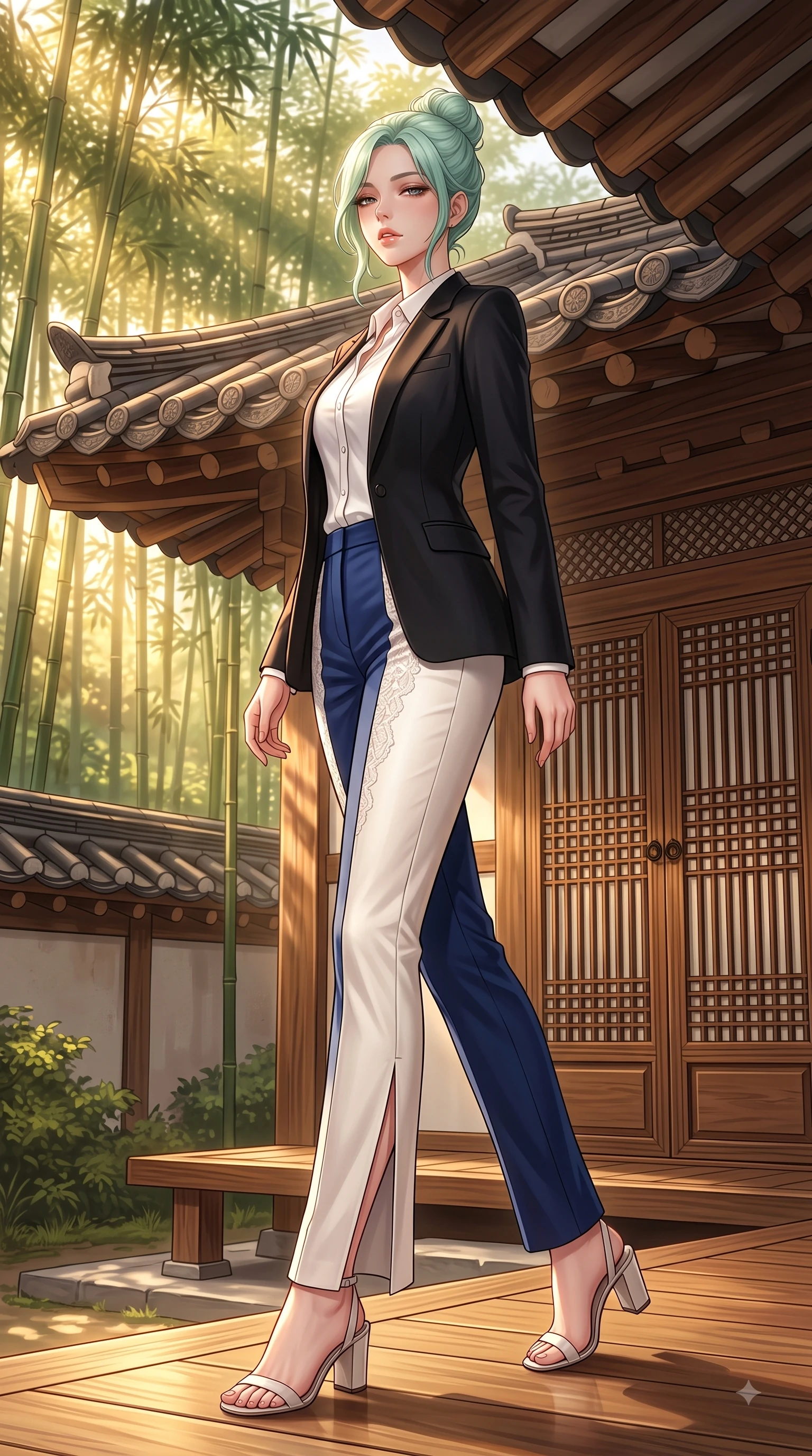 score_9, masterpiece, best quality, ultra-detailed, high-budget anime keyframe, editorial fashion photography, tasteful artistic composition, Japanese woman. low angle full-body shot from head to toe showing her feet, filling the entire 9:16 vertical frame with her statuesque presence, stretching her vertical silhouette. Sensual alluring expression with smoldering intensity, half-closed bedroom eyes, and softly parted glossy lips while pivoting near traditional clay tile roofs as golden sunbeams filter through bamboo leaves. The surrounding environment is rendered in vivid detail and crisp panoramic clarity. traditional Hanok clay roof tiles, intricate wooden lattice doors, and green bamboo stalks in crisp clarity. She has an absolutely perfect, statuesque 8.5-heads proportion, an exceptionally tall and slender model-like female figure with impossibly long slender legs and an ultra-slim waist. sharp v-shaped jawline, high-bridge nose, intricate jewel-like eyes with depth, thick eyelashes, glossy lips with a natural sheen, flawlessly proportioned anatomical accuracy, natural body alignment, perfectly sculpted elegant limbs, clean dynamic posture without body distortion. wearing a sleek jet black tailored blazer over a crisp white button-down and trousers in royal navy blue and pure ivory, made of fine lace weave and soft satin jersey, finished with a sleek side slit ascending to mid-thigh, the chic fashion cut framing her graceful clavicle and slender torso. illuminated by warm golden sunlight reflecting off polished wooden verandas. highly saturated vibrant anime colors, detailed shading with soft gradients, rich glossy textures, high-contrast stereoscopic depth, volumetric dynamic lighting, master piece, 9:16 ratio