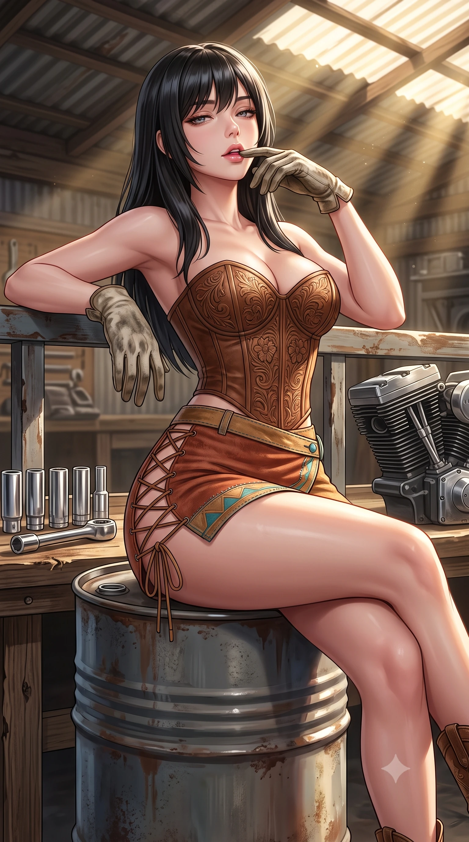 score_9, masterpiece, best quality, ultra-detailed, high-budget anime keyframe, semi-realistic 3D game render, editorial fashion photography, tasteful artistic composition, Caucasian woman. close-up cowboy shot from the waist and thighs up, the character dominates the composition, filling the frame with her large presence. leaning back against the balustrade with relaxed seductive grace, head tilted back slightly while casting a hypnotic, heavy-lidded gaze while perched sideways on an oil drum with legs crossed, resting a greasy gloved finger near her glossy parted lips with playful allure. The surrounding environment is rendered in vivid detail and crisp panoramic clarity: sharp polished chrome socket wrench heads, engine cylinder head fins, and weathered workbench wood grain in deep focus. She has an exceptionally elegant, slender, and willowy female figure with an ultra-slim waist, flat toned midriff, narrow ribcage, and sculpted feminine hips creating an alluring, slim hourglass silhouette without bulk. sharp v-shaped jawline, high-bridge nose, sparkling eyes with hypnotic seductive depth, thick curled eyelashes, glossy parted lips with a natural dewy peach sheen, alluring bedroom-eyes with an enchanting coquettish smile, exuding magnetic siren charisma and sophisticated glamour, flawlessly proportioned anatomical accuracy, strict slender model proportions, natural body alignment, perfectly sculpted long slender limbs, ultra-slim waistline, clean dynamic posture without body distortion. wearing a structured boned leatherette corset bodice with western floral tooling paired with a micro-wrap denim skirt in terracotta rust and desert sand gold with turquoise accents, tailored from ultra-soft distressed suede with velvety hand-feel and rich shadow depth, featuring fine criss-cross lace-up side ties revealing tantalizing glimpses of her hip curve, the liquid-tight tailored fabric clinging flawlessly to her narrow waist and rounded feminine hips, emphasizing every millimeter of her sculpted slim hourglass curves without any bulky heaviness. bathed in dramatic shafts of golden afternoon sunlight cutting through corrugated roof cracks. highly saturated vibrant anime colors, detailed shading with soft gradients, rich glossy textures, high-contrast stereoscopic depth, volumetric dynamic lighting, master piece, 9:16 ratio