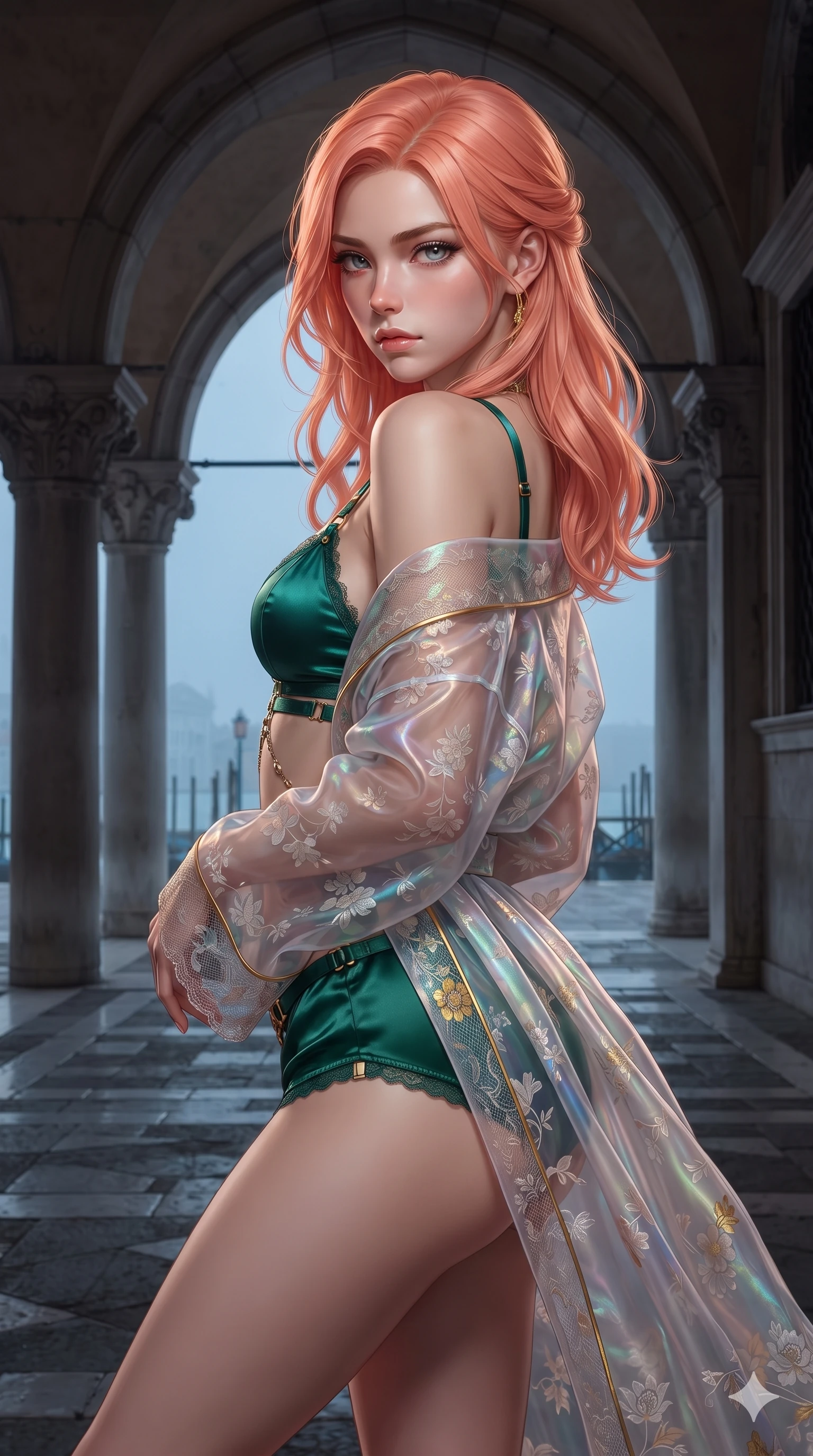 score_9, masterpiece, best quality, ultra-detailed, high-budget anime keyframe, editorial fashion photography, tasteful artistic composition, Japanese woman. close-up cowboy shot from the waist and thighs up, the character dominates the composition, filling the frame with her large presence. twisting her slender torso in a deep contrapposto stance, hips dramatically shifted to accentuate her feminine curves while looking past her shoulder with smoldering bedroom-eyes while standing poised beneath the monumental stone arches of the colonnade, arching her spine with ethereal siren poise as twilight mist settles over the lagoon. The surrounding environment is rendered in vivid detail and crisp panoramic clarity: intricate sheer vintage mesh beadwork, fine lace trims, and monumental Venetian Renaissance architecture in razor-sharp clarity. She has an exceptionally elegant, slender, and willowy female figure with an ultra-slim waist, flat toned midriff, narrow ribcage, and sculpted feminine hips creating an alluring, slim hourglass silhouette without bulk. sharp v-shaped jawline, high-bridge nose, intricate jewel-like sparkling eyes with depth, thick eyelashes, glossy parted lips with a natural sheen, intensely captivating and seductive bedroom-eyes expression, exuding both youthful cute charm and sovereign luxury allure, flawlessly proportioned anatomical accuracy, strict slender model proportions, natural body alignment, perfectly sculpted long slender limbs, ultra-slim waistline, clean dynamic posture without body distortion. wearing a translucent iridescent organza kimono robe slipping off bare shoulders over a matching satin micro-bralette and micro-shorts in deep emerald green satin and gold hardware accents, crafted from bespoke double-faced cashmere with an exceptionally soft tactile finish, accented with a chrome-drop body harness subtly framing her dewy collarbones and spine, the impeccably tailored cut draping gracefully along her slender figure with aristocratic poise. illuminated by pavement reflection bounce and sharp gold-sapphire rim lights defining her razor-sharp jawline, narrow waist, and curvy hips. ultra-reflective glossy finish, specular highlights, rich textural contrasts, high-contrast stereoscopic depth, volumetric dynamic lighting, 2k, ultra detail, master piece, 9:16 ratio