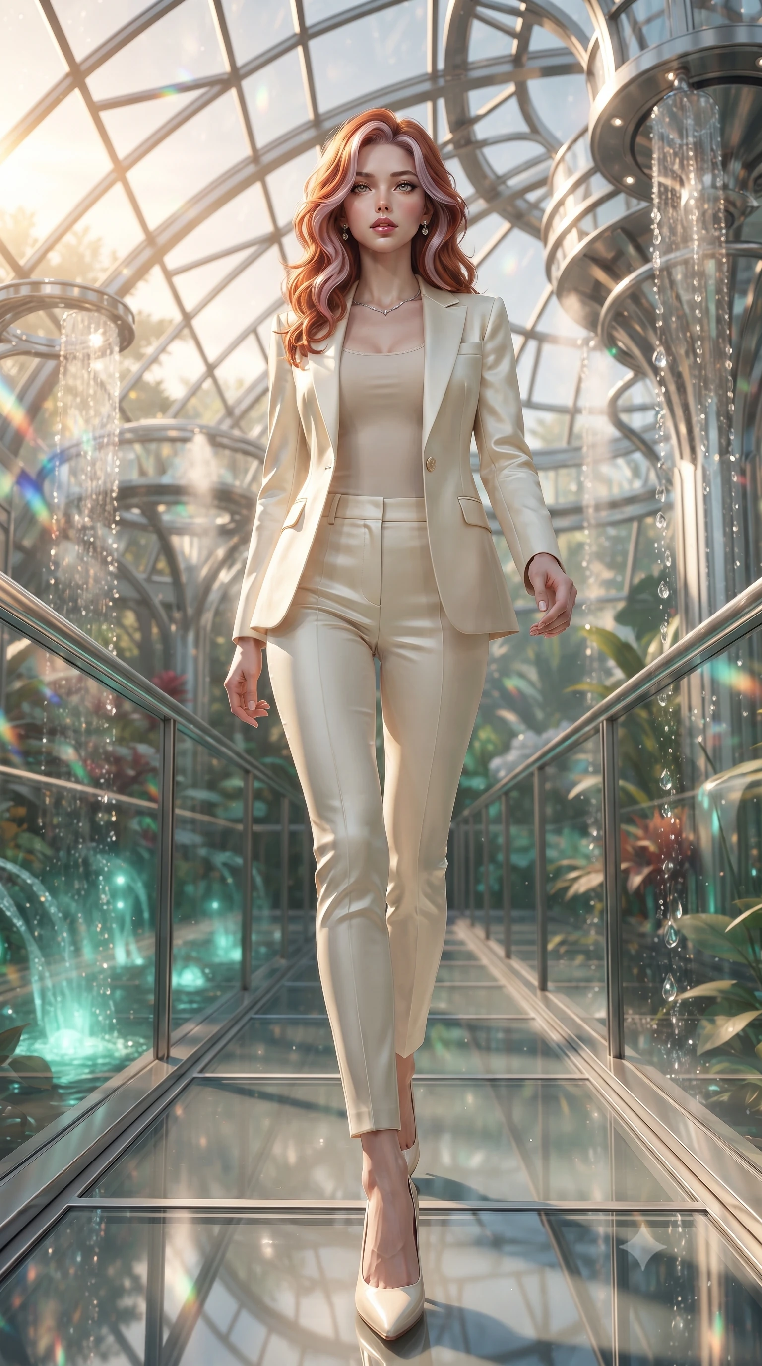 score_9, masterpiece, best quality, ultra-detailed, high-budget anime keyframe, editorial fashion photography, tasteful artistic composition, Caucasian woman. low angle full-body shot from head to toe showing her feet, filling the entire 9:16 vertical frame with her statuesque presence, stretching her vertical silhouette. stepping forward with proud posture, filling the vertical frame with her magnetic presence walking along a platinum-framed glass walkway in a sunlit botanical dome, translucent water droplets cascading down platinum fountains. She has an absolutely perfect, statuesque 8.5-heads proportion, an exceptionally tall and slender model-like female figure with impossibly long slender legs and an ultra-slim waist. sharp v-shaped jawline, high-bridge nose, intricate jewel-like eyes with depth, thick eyelashes, glossy lips with a natural sheen. wearing a tailored cream silk blazer over a form-contouring scoop-neck top and fitted trousers, the tailored fabric tightly following every curve of her athletic build. bathed in warm golden sunlight and soft emerald bioluminescent glow. ultra-reflective glossy finish, specular highlights, metallic sheen, high-contrast stereoscopic depth, volumetric dynamic lighting, 2k, ultra detail, master piece, 9:16 ratio
