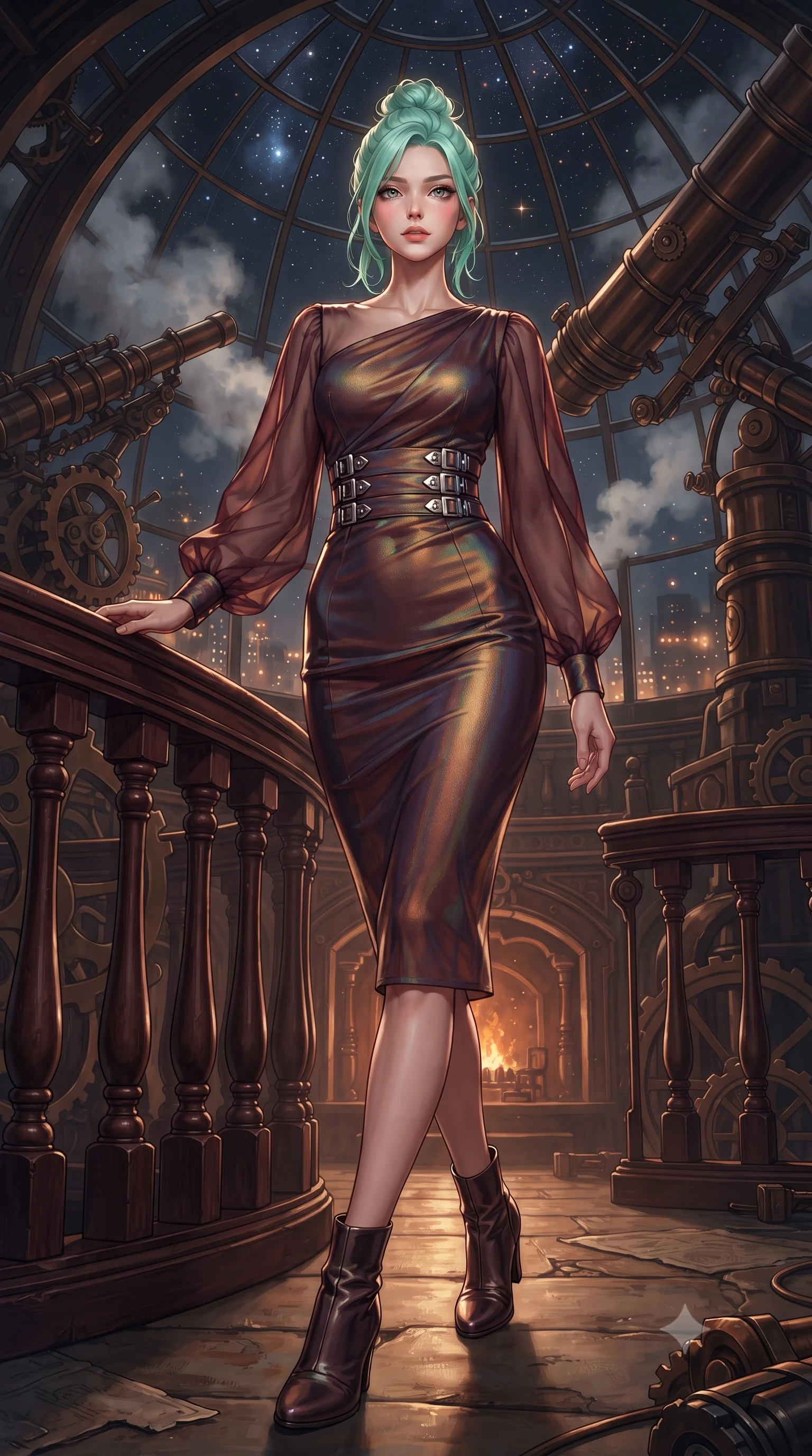 score_9, masterpiece, best quality, ultra-detailed, high-budget anime keyframe, editorial fashion photography, tasteful artistic composition, Japanese woman. low angle full-body shot from head to toe showing her feet, filling the entire 9:16 vertical frame with her statuesque presence, stretching her vertical silhouette. stepping forward with proud posture, filling the vertical frame with her magnetic presence leaning against a vintage mahogany balustrade inside a mechanical observatory, distant starlight and city lights twinkling through steam clouds. She has an absolutely perfect, statuesque 8.5-heads proportion, an exceptionally tall and slender model-like female figure with impossibly long slender legs and an ultra-slim waist. sharp v-shaped jawline, high-bridge nose, intricate jewel-like eyes with depth, thick eyelashes, glossy lips with a natural sheen. wearing a sleek bodycon knit dress with sheer organza sleeve panels in deep burgundy and bronze, crafted from iridescent chiffon that shifts colors in the light, detailed with polished silver buckles along the waistline, the elegant draped fit framing her graceful clavicle and slender torso. surrounded by warm hearth light and dramatic bronze rim highlights. ultra-reflective glossy finish, specular highlights, metallic sheen, high-contrast stereoscopic depth, volumetric dynamic lighting, 2k, ultra detail, master piece, 9:16 ratio